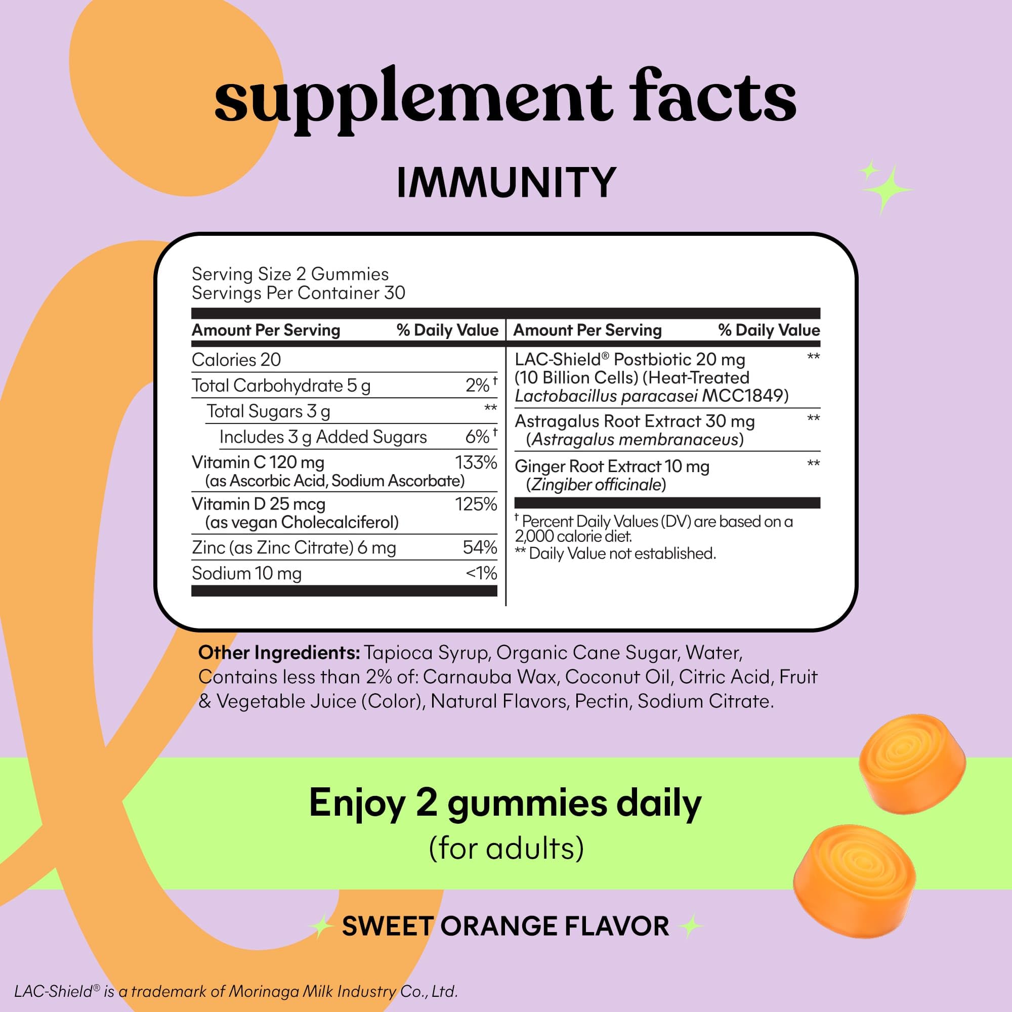 Lemme Immunity Postbiotic Gummies with Vitamin C, Vitamin D (2000 IU), Zinc, 10 Billion Postbiotic Cells, Astragalus for Immune Support - Vegetarian, Gluten Free, Sweet Orange (60 Count)