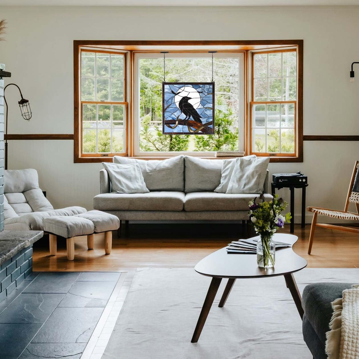 Bieye W10097 Tiffany Style Stained Glass Window Panel with Raven Sitting on Bare Tree Branch against Full Moon Scene for Halloween Decor (Dark Blue, 22" Wx22 H Square)