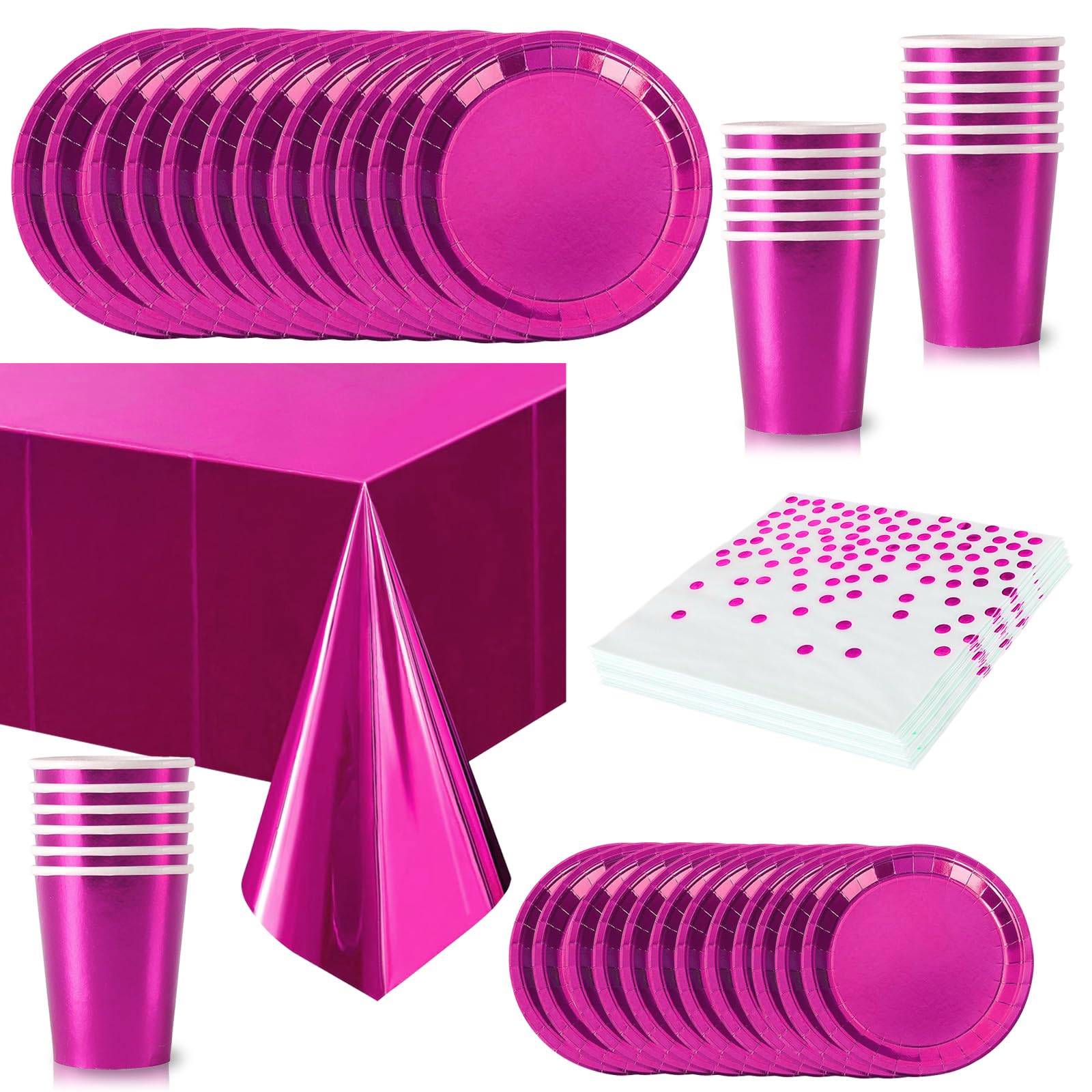 65Pcs Metallic Foil Hot Pink Party Tableware Set,Plastic Rose Red Table Cloths Parties,Disposable Paper Plates,Napkins and Cups Dinnerware Set for Girls Birthday Barbie Hot Pink Party Decorations