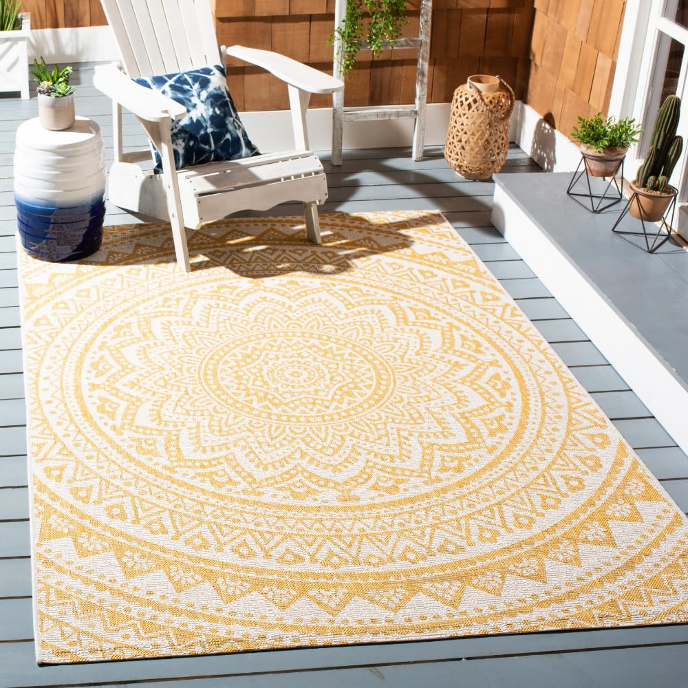 SAFAVIEH Courtyard Collection 6'7" x 9'6" Ivory/Gold CY8734 Indoor/ Outdoor Waterproof Easy Cleaning Patio Backyard Mudroom Area Rug