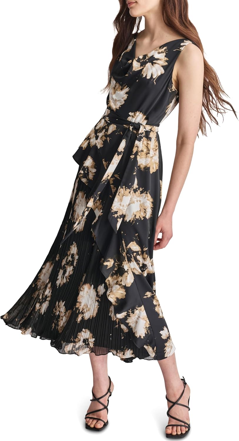 DKNY Womens Sleeveless Cowl Neck Pleated Skirt Midi Dress with Removable Belt - Image 3