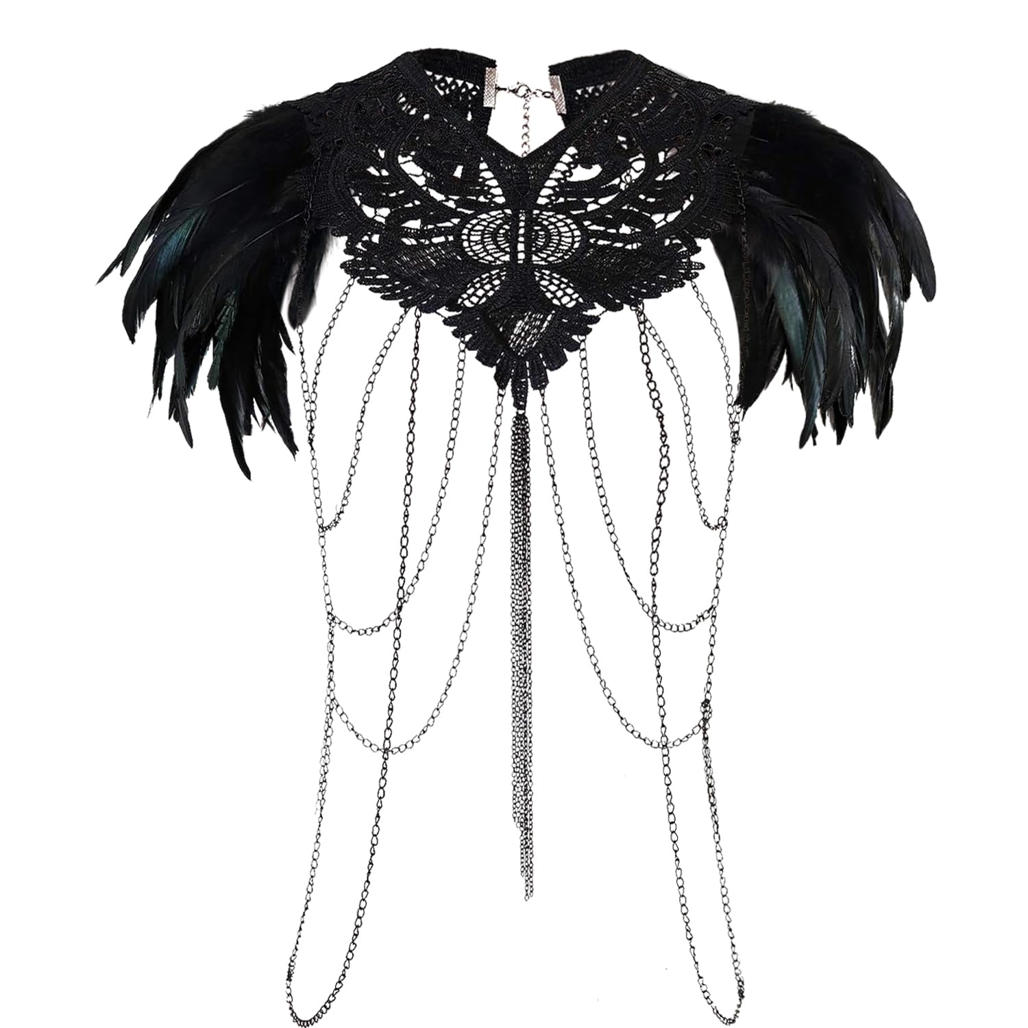 keland Gothic Black Feather Epaulette Cape Spitzenkörpergurt für Halloween-Party (Schwarz)