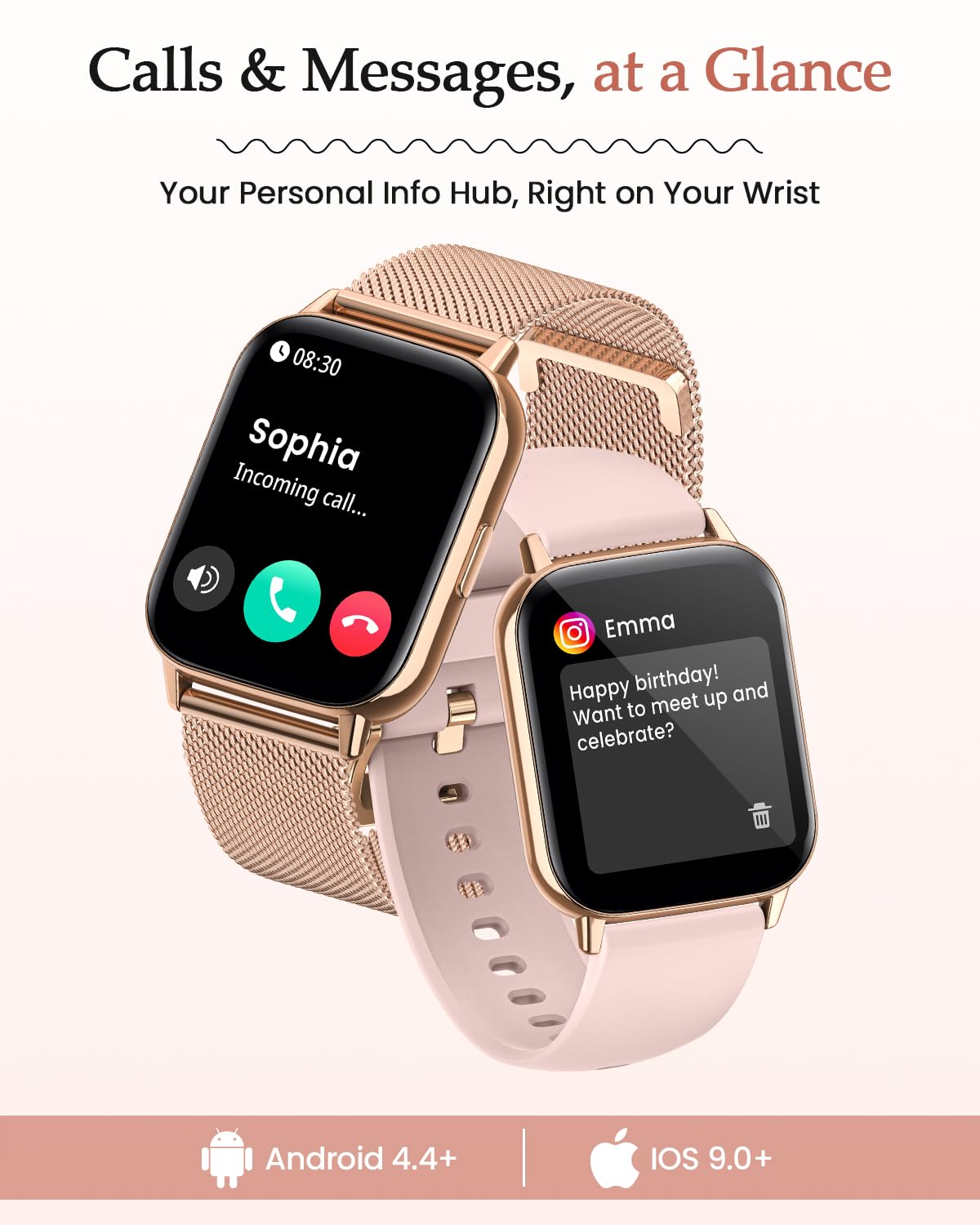 2026 Nuevo Reloj Inteligente Mujer, 1.85" AMOLED Smartwatch con Llamadas Función Femenina, 24H SpO2/Pulsómetro/Sueño,113+ Modos Deportivos 5ATM Calorías Podómetro WhatsApp Android iOS Oro Rosa, Regalo