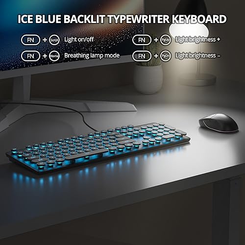 Miniatura 4 de Teclado de máquina de escribir retro con cable, teclado silencioso de computadora iluminado con 104 teclas redondas de tamaño completo,