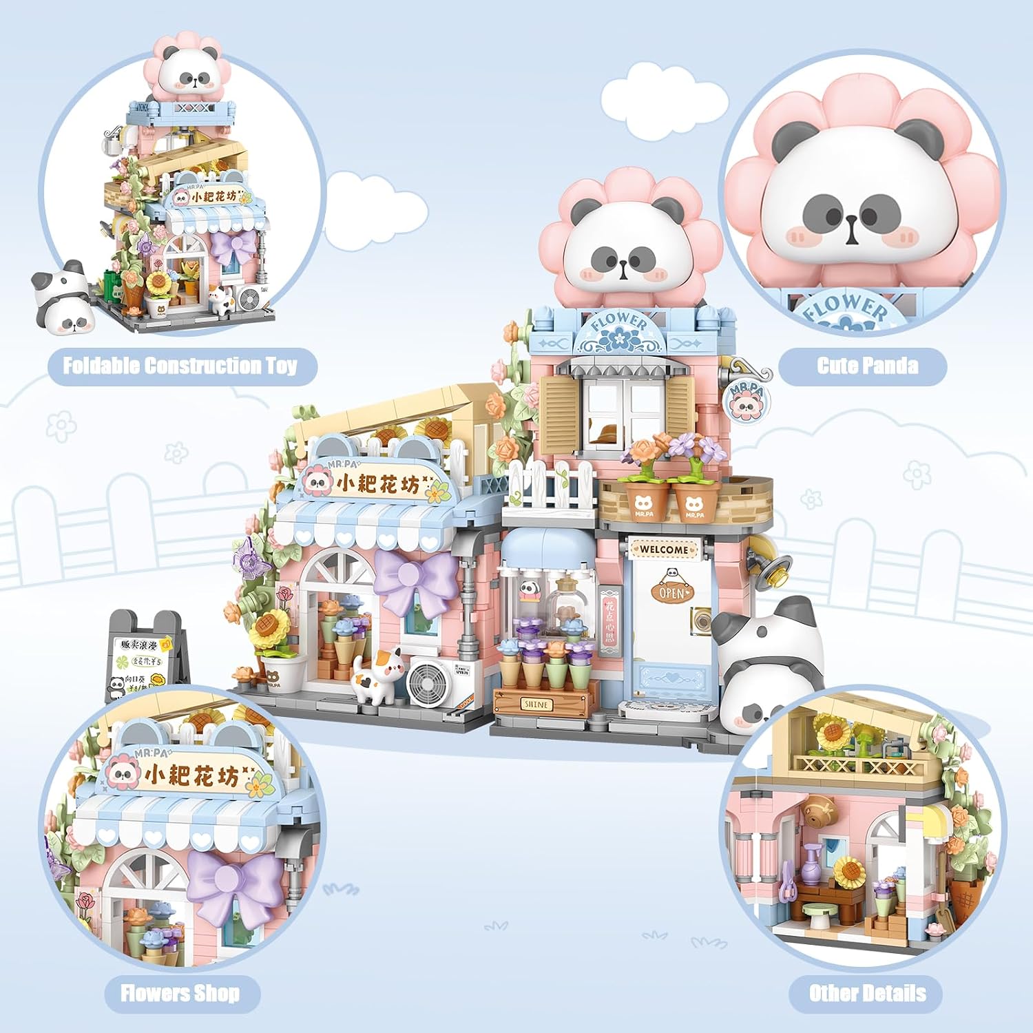 Street View Flower House Shop Mini Building Blocks, MOC Creative Building Toys Cute Panda Building Set for Kids 6-12, Simulation Architecture Construction Toy, Gift Idea for Kids Adults (810PCS)