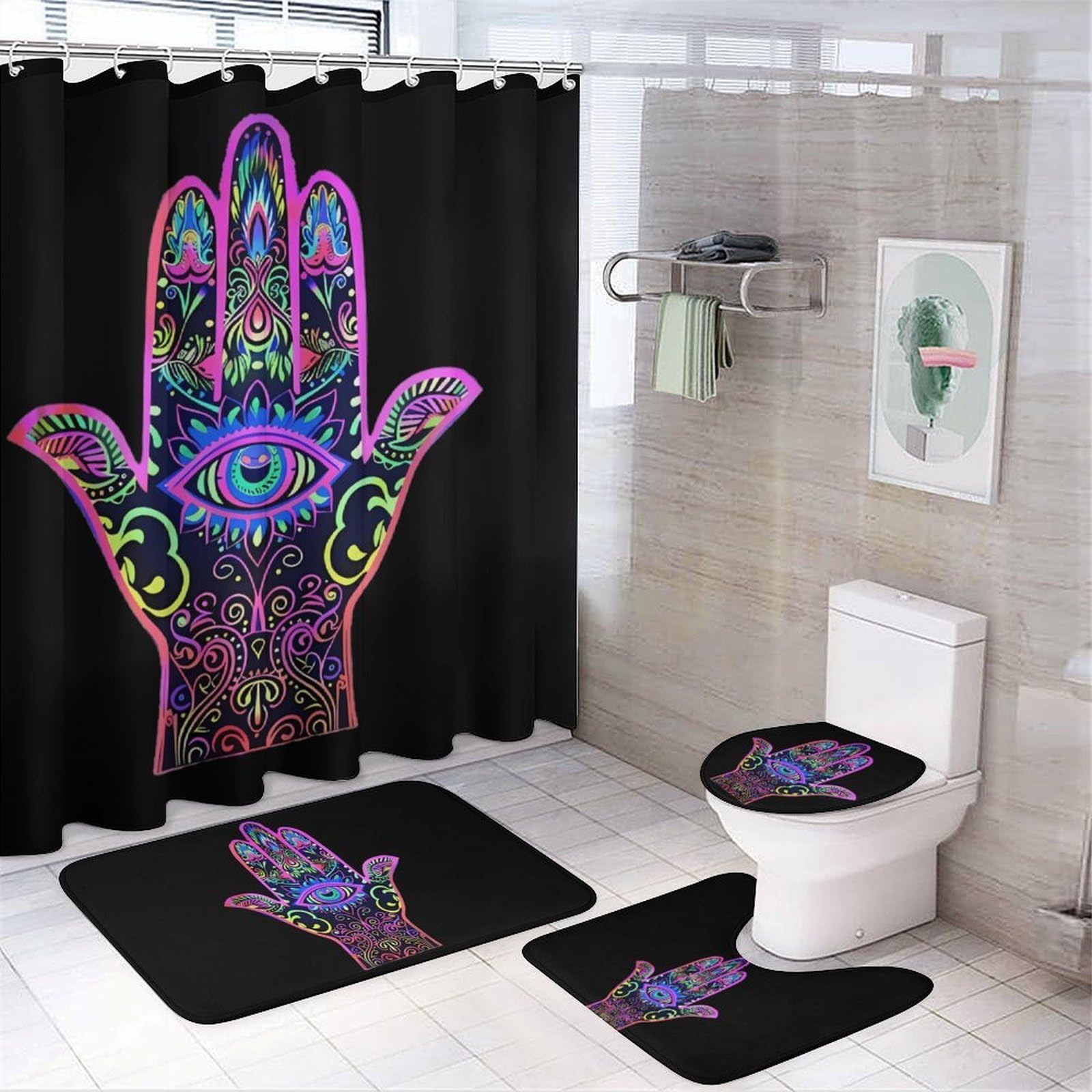 CGSBNGHA Blacklight Hamsa Hand Evil Eye Bohemian Shower Curtain Set 4 Piece Bathroom Sets with Rugs Toilet Lid Cover And U-Shaped Floor Mat