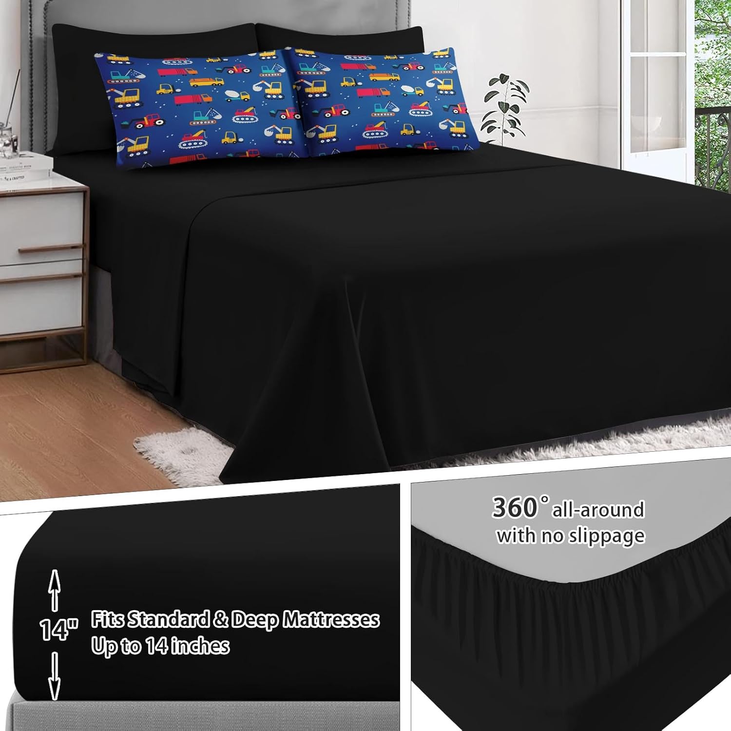 7Pcs Bedroom Comforter Set Queen Size, Cartoon Construction Bulldozer Crane Vehicle Truck Car, Bedding Decor Funny Excavator Digger Tractor Blue Bed Set Flat Fitted Sheet for Kids and Adults