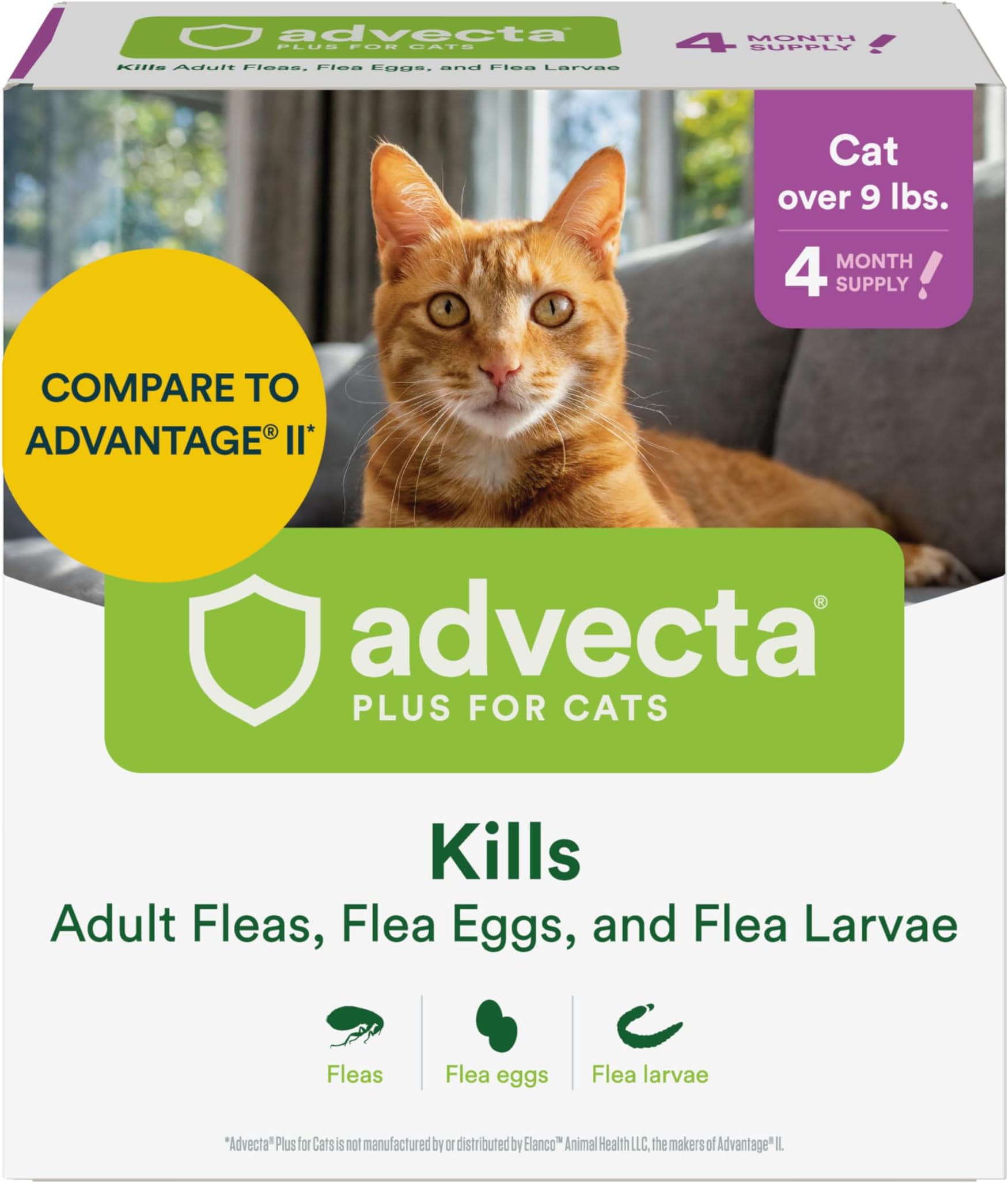 Advecta Plus Topical Large Cat Flea Treatment for Cats and Kittens, Flea Prevention and Control, Fast-Acting Waterproof Drops, 4-Month Supply