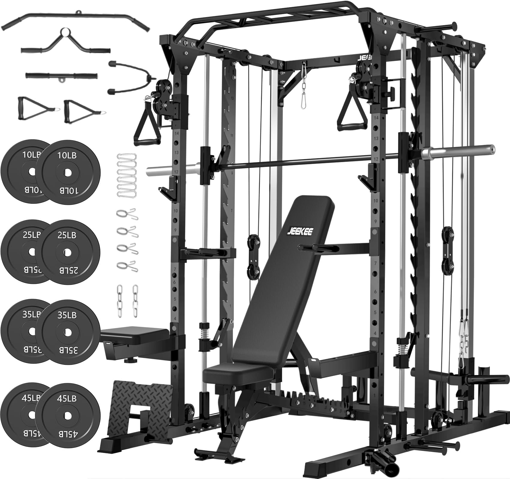 JEEKEE Power Cage with Cable Crossover System, 2000LB Multi-Function Power Rack with Independent Dual Pulleys, LAT Pulldown Seat Cushion, 20+ Attachments Squat Rack for Home Gym Workout