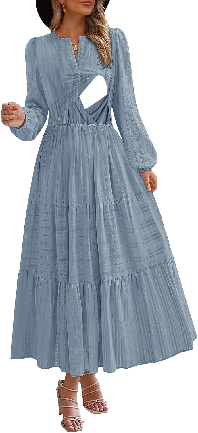 CzzzyL Nursing Fall Dresses for Women Puff Long Sleeve V Neck Tiered Wedding Guest Maxi Dress with Pockets