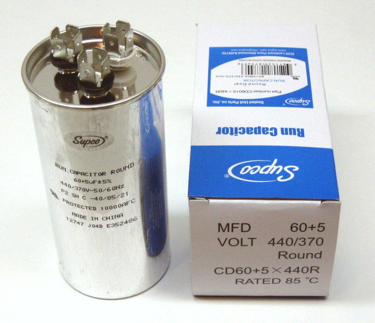 SUPCO CD60+5X440R Dual Motor Run Capacitor, Round, 60 + 5 Mfd x 440V, 2.1875" Diameter, 5.125" Height