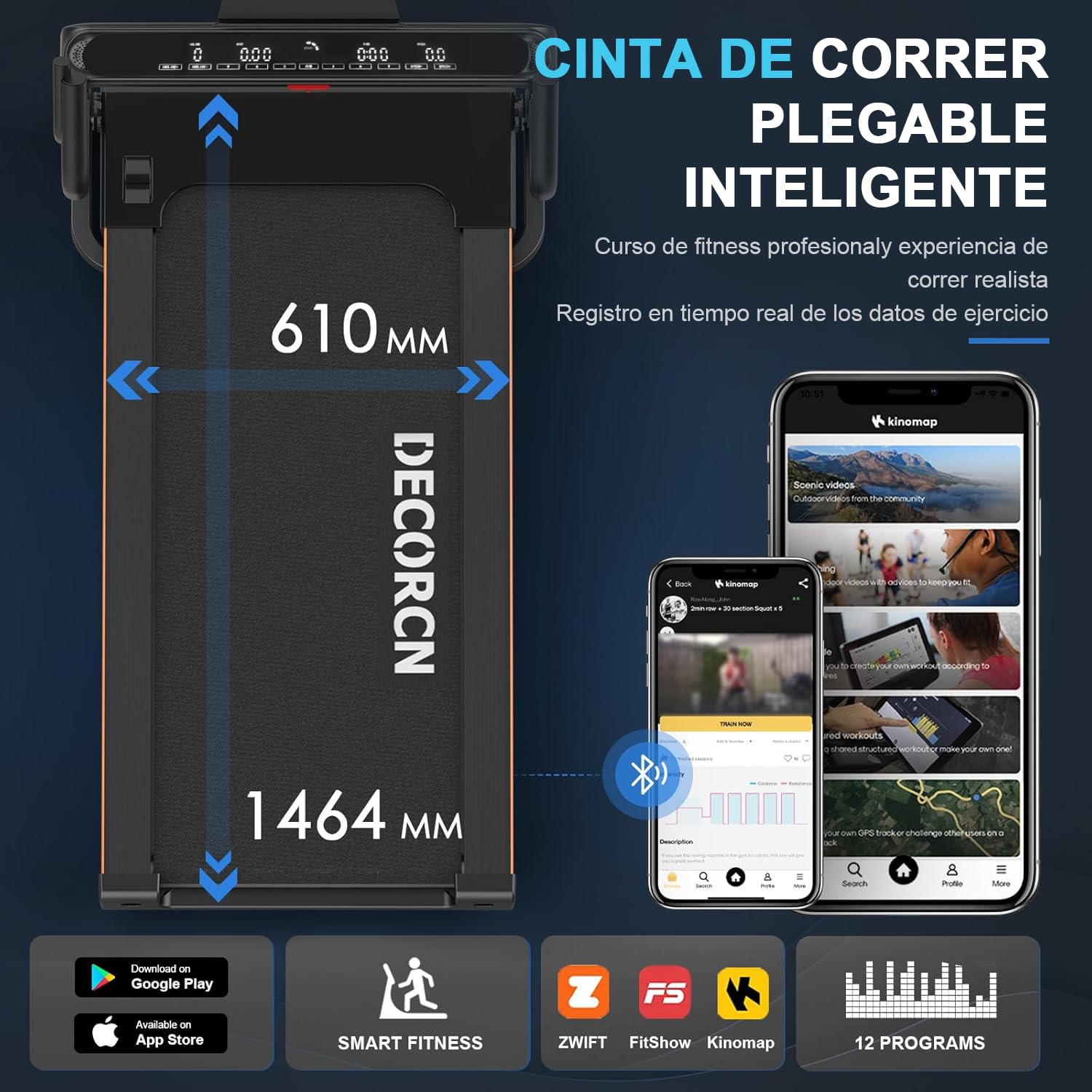 Cinta de Correr Plegable Profesional con App, Motor 4.5CV 16 km/h, Inclinación Automática 20 Niveles, Máquina de Correr para Gimnasio en Casa, Carga 150 kg, Bluetooth, Silenciosa, Pantalla LED
