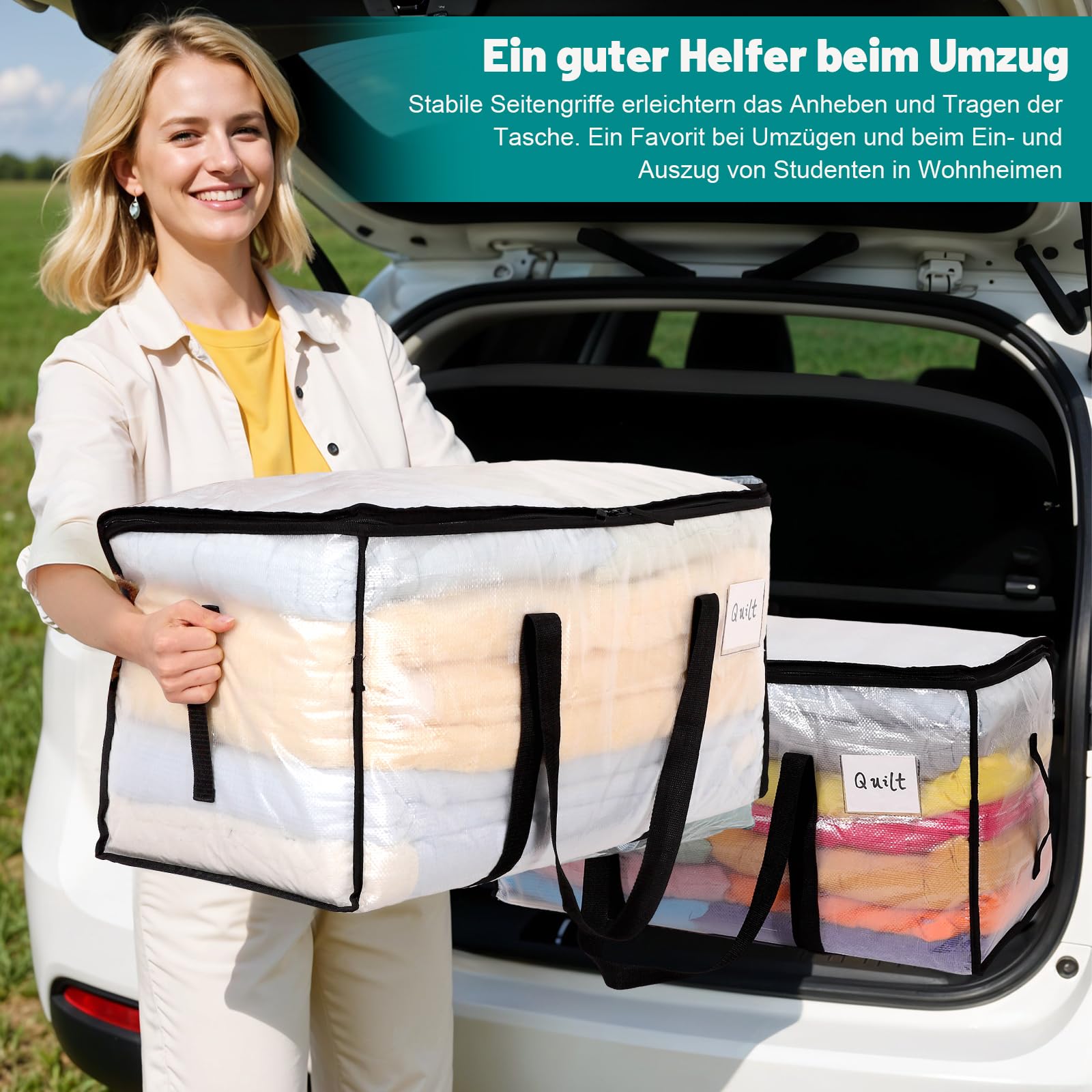 Dntorx 10 unidades de 90 l grandes bolsas de almacenamiento con tapa, cajas de mudanza transparentes grandes con asa de cremallera, bolsas de mudanza para mudanzas, camping, ropa de cama