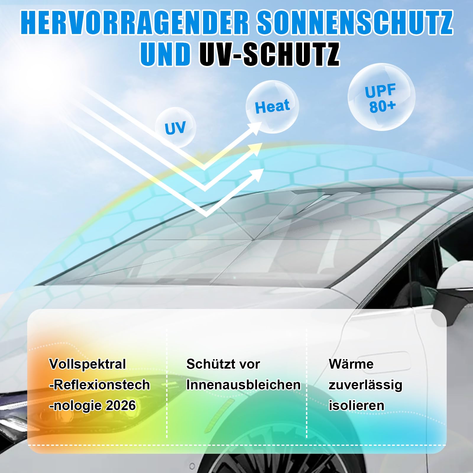 Sonnenschutz Auto Frontscheibe Innen,Sonnenschutz Auto,Reflektierend & Faltbar,2026 mit Zertifiziertem UV Schutz für Windschutzscheibe