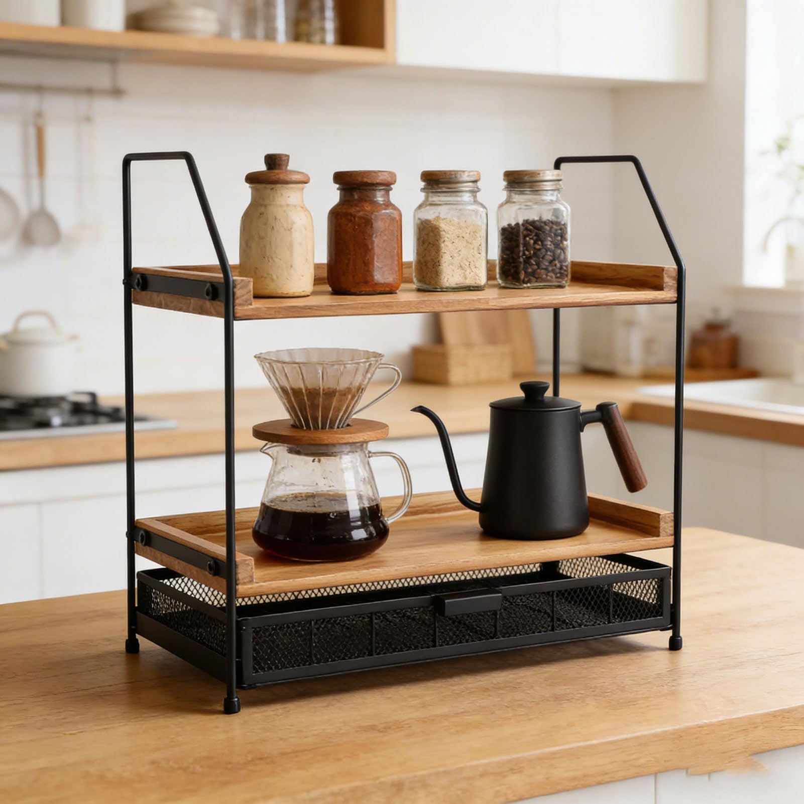 Organizador de Estante Jarabe café 2 Niveles, Organizador Estación de café Encimera con Cesta Cajón Soporte para Cápsulas, Estante Vino para Almacenamiento Barra
