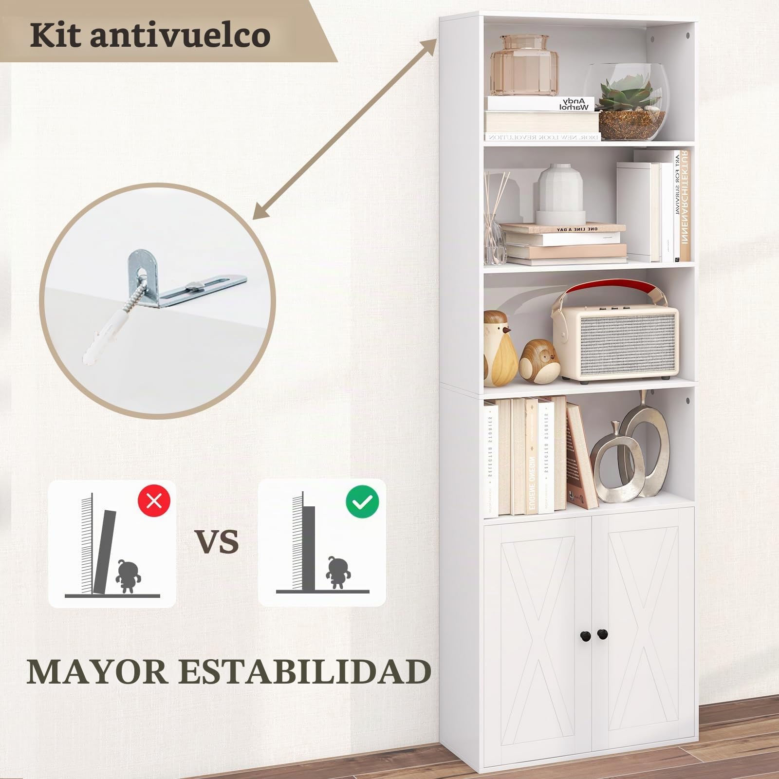 KOMFOTTEU Librería de Madera con 4 Estantes Abiertos, 60 x 24 x 180 cm
