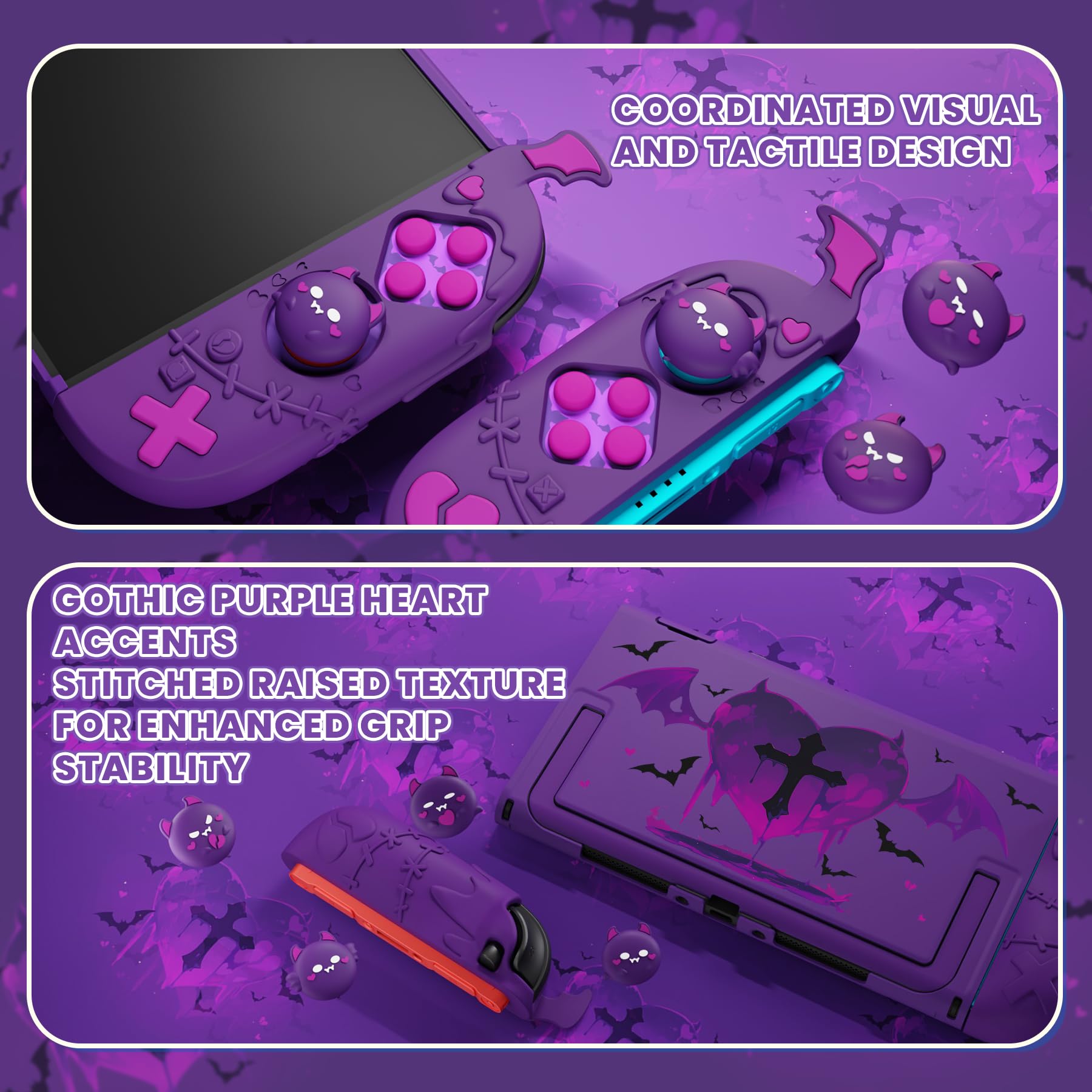 PlayVital Funda Protectora para Nintendo Switch 2, Agarre de Silicona Antideslizante & Carcasa Rígida Compatible con Dock, con Tapas para Joystick y Pegatina - Diseño Gótico (Violeta)