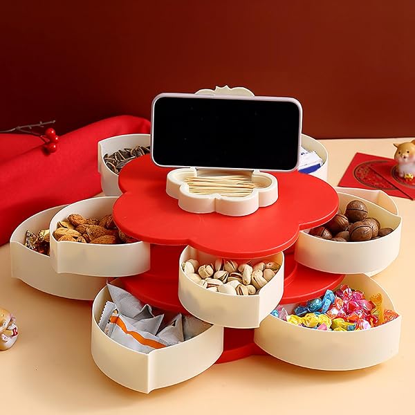 Divided Serving Tray - Petal-Shaped Rotating Food Platter, Snack Organizer for Kitchen and Dining | Serving Plate for Picnic, Party, Buffet | Rotating Tray for Brunch, Dinner Lunch Bar Home Outdoor - 4