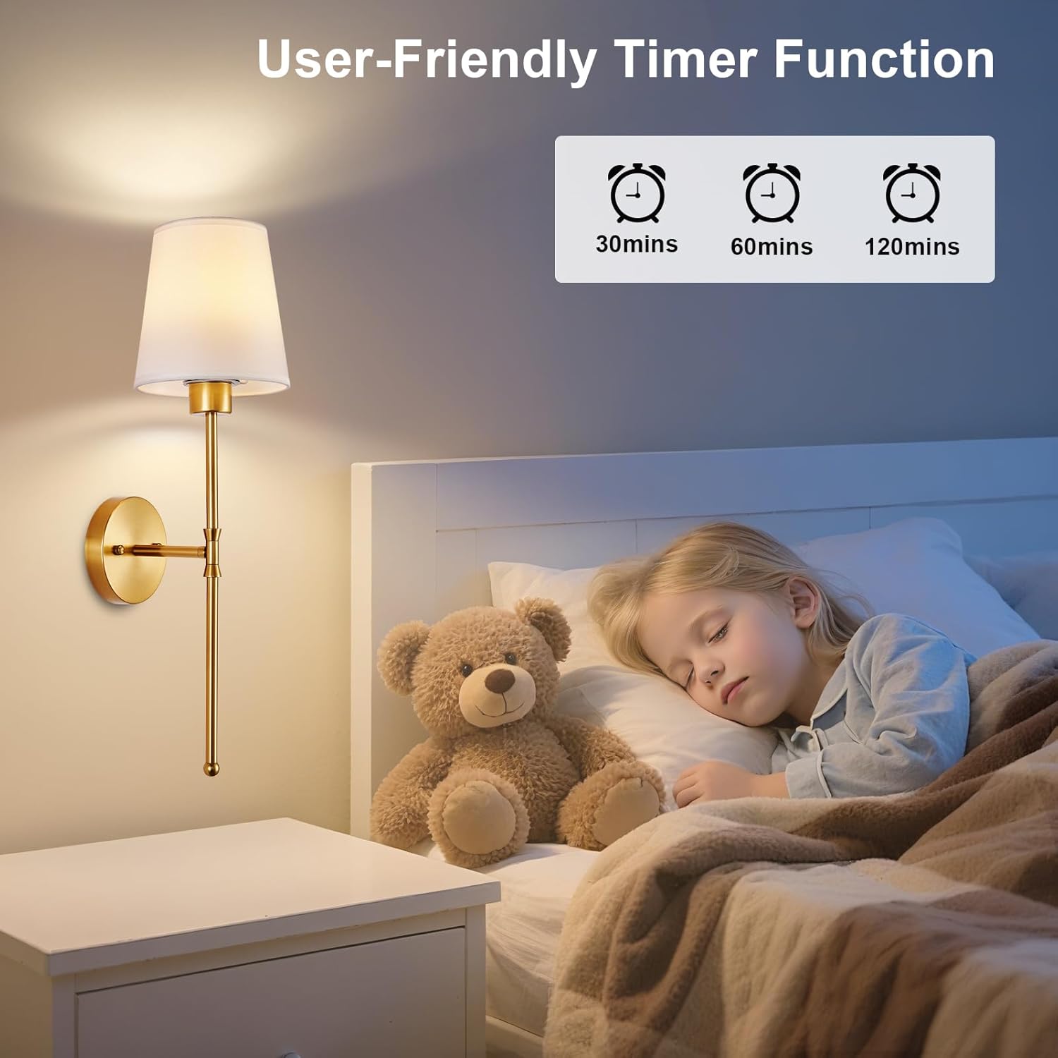 Depuley Battery Operated Wall Sconce: Rechargeable Wall Lamp Set of 2 with Remote and Dimmable Bulb for Home Decor - Wireless Wall Lights with 15 Colors for Bedroom E26 Base Fabric Shade Gold