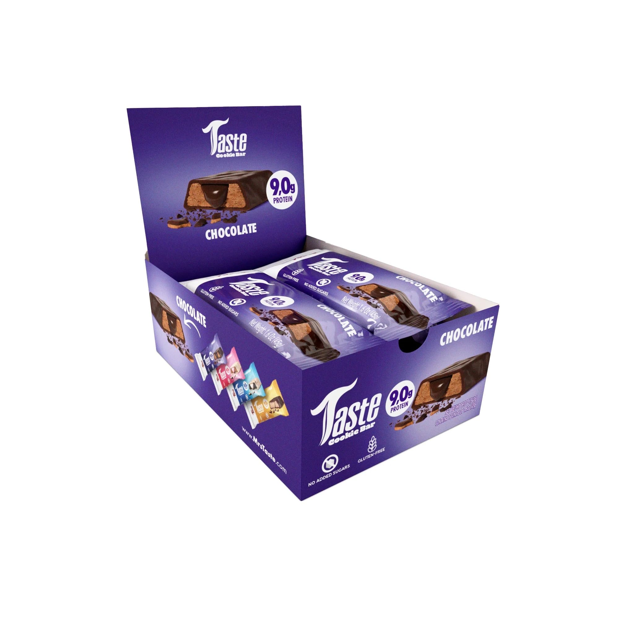 Mrs TasteCookie Bar, On the Go Protein Bar with No Added Sugars, Gluten Free, Great Tasting Snack (12 Count, Chocolate)