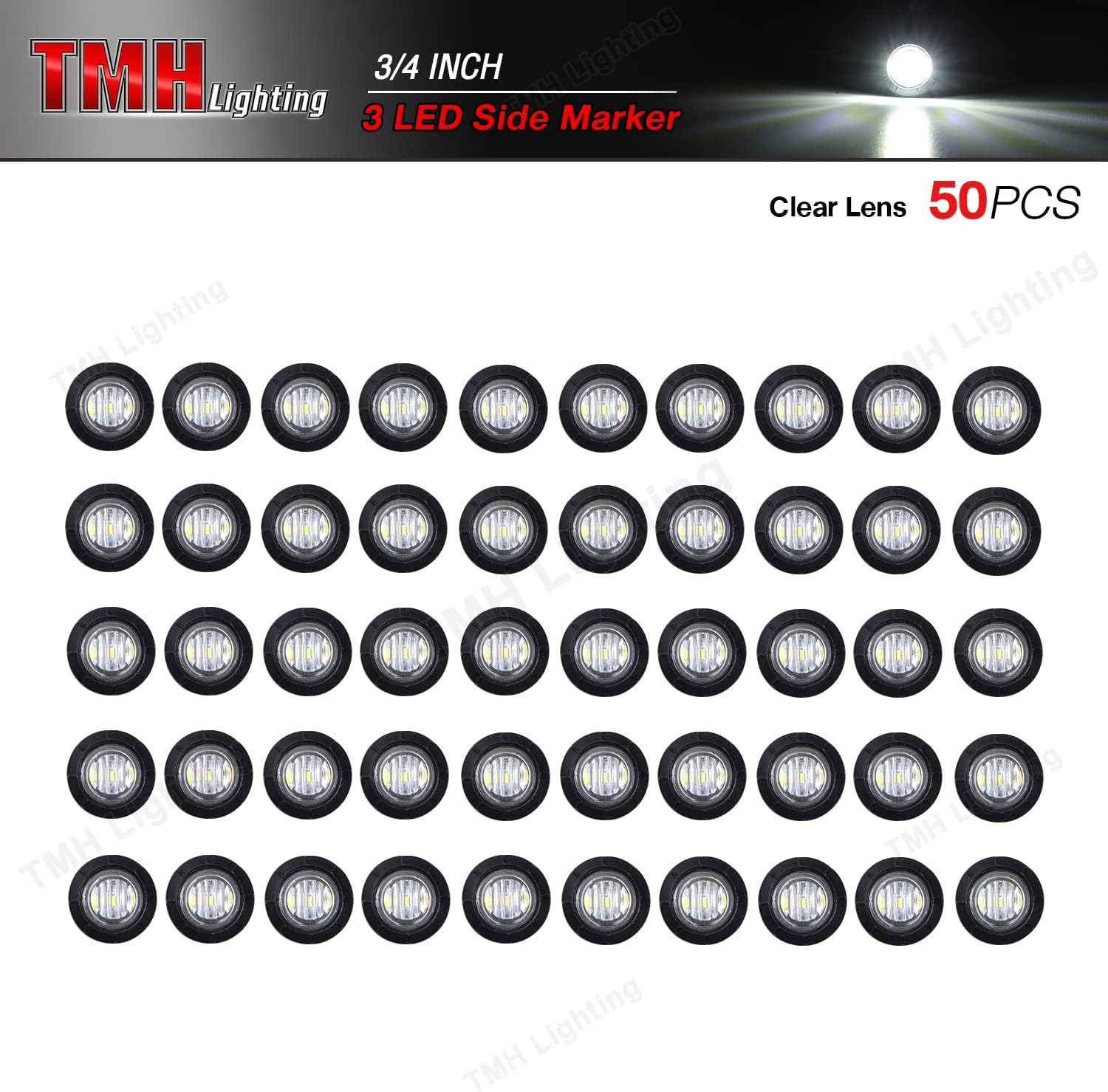 TMH 50 Pcs 3/4 Inch White Light 3 LED Clearance Markers Side Marker Indicator Lights Mini Round Front Rear 3 LED with Rubber for Truck Trailer Car Bus 12V DC