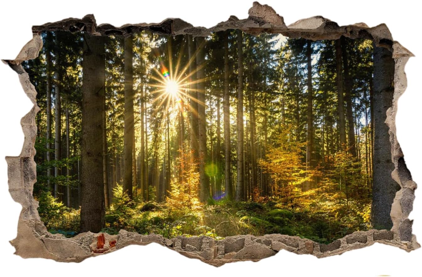 Landscape Wall Stickers 3D Smashed Murals Forest Waterfall Removable Waterproof Vinyl Floor Decals Art Modern for Bedroom Living Room Bathroom Door Kitchen Office Nursery Wall Decor 43 x 28 inch
