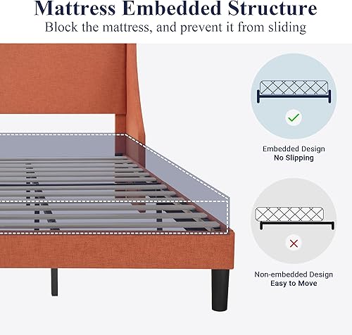 Miniatura 22 de Allewie Marco de cama de plataforma moderna, tamaño queen con respaldo de orejas, tapizado, con cabecera, soporte de listones de madera, base de