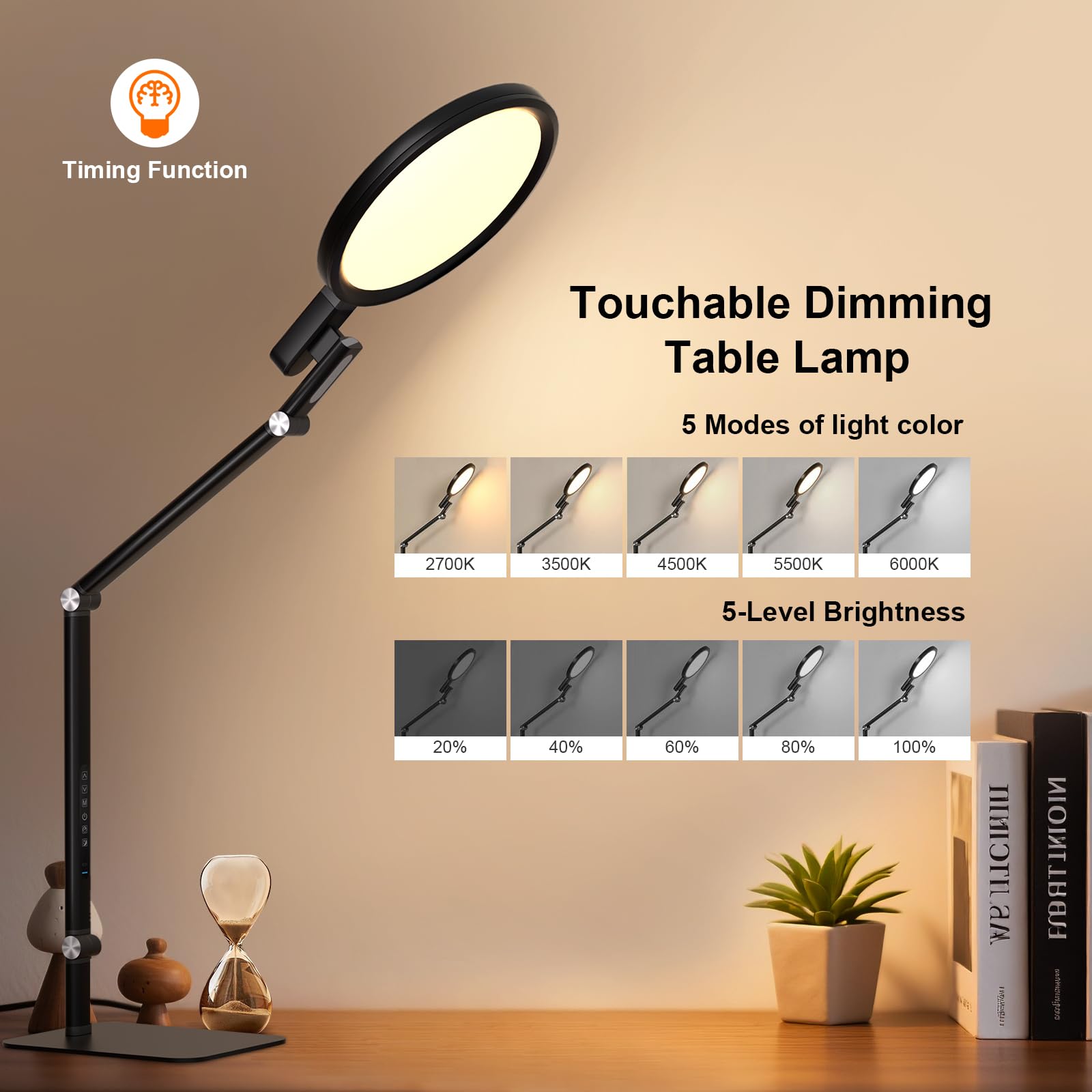 Comely LED Tischlampe Schwarz Touch Dimmbar 15W LED Nachttischlampe mit USB C Ladefunktion 2700K–6000K Ra97 Schreibtischlampe Nachtlicht für Schlafzimmer Büro Wohnzimmer