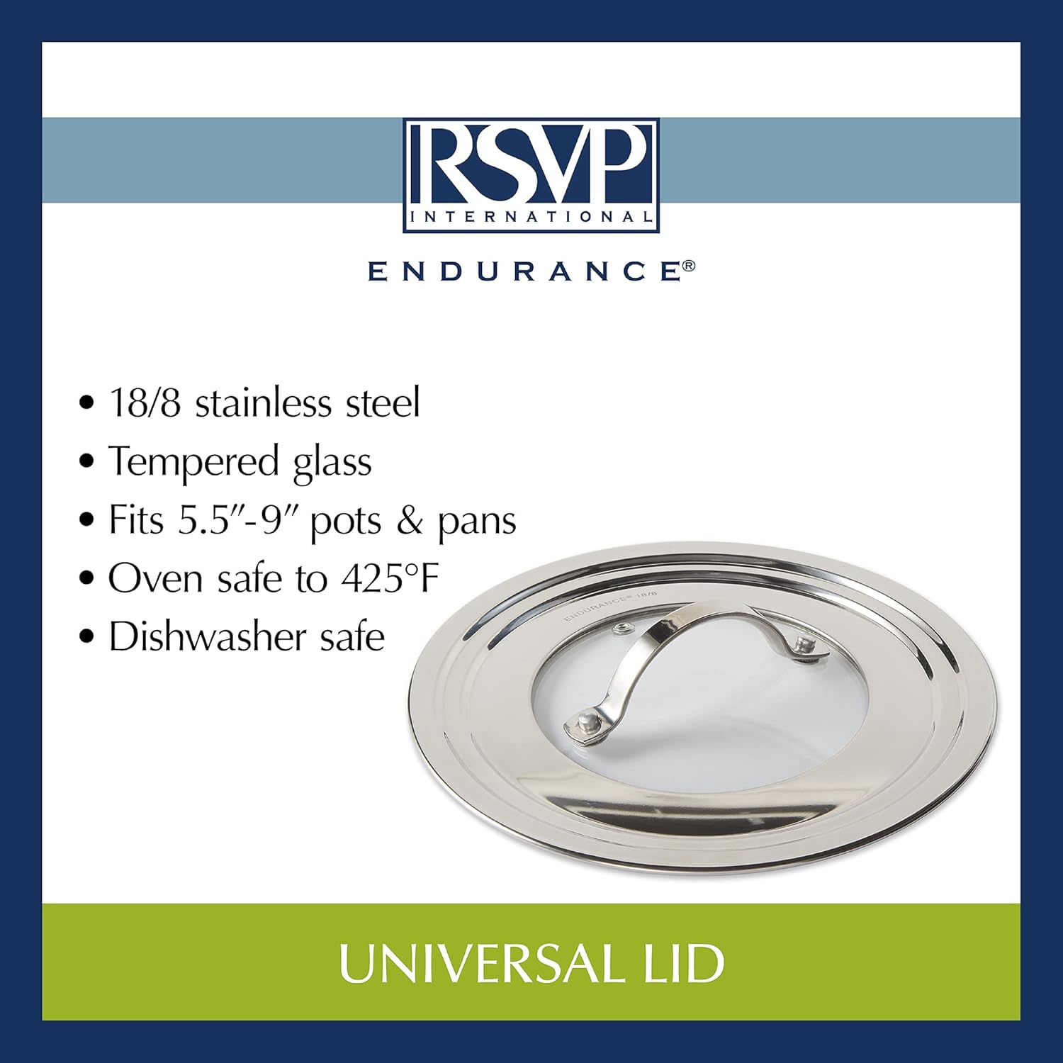 RSVP International Endurance Universal Lid with Glass Insert, Stainless Steel, Fits 5.5" - 9" | Secure Tempered Glass | Fits Frying, Sauté, Sauce, Stock Pots & Pans | Dishwasher & Oven Safe : Everything Else