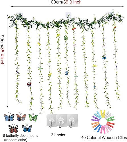 Miniatura 6 de Expositor de fotos para colgar en la pared con clip, juego de collage de marcos de fotos de hojas de árbol de vid artificiales con 40 clips y 8