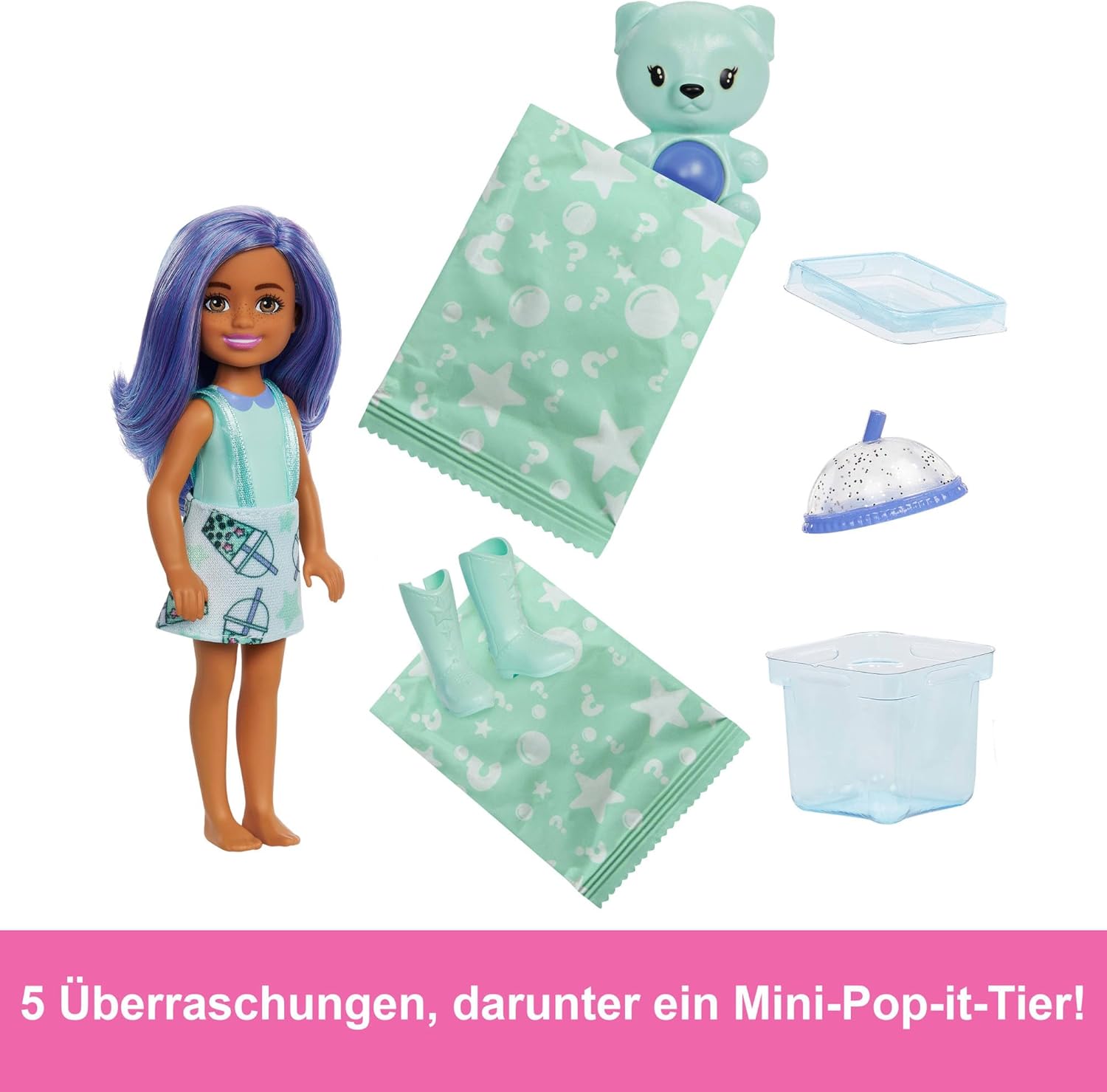 Barbie Chelsea Pop Reveal Bubble Tea Series Set with Themed Package & 5 Surprises Including Scented Small Doll & Pop-It Pet (Styles May Vary)