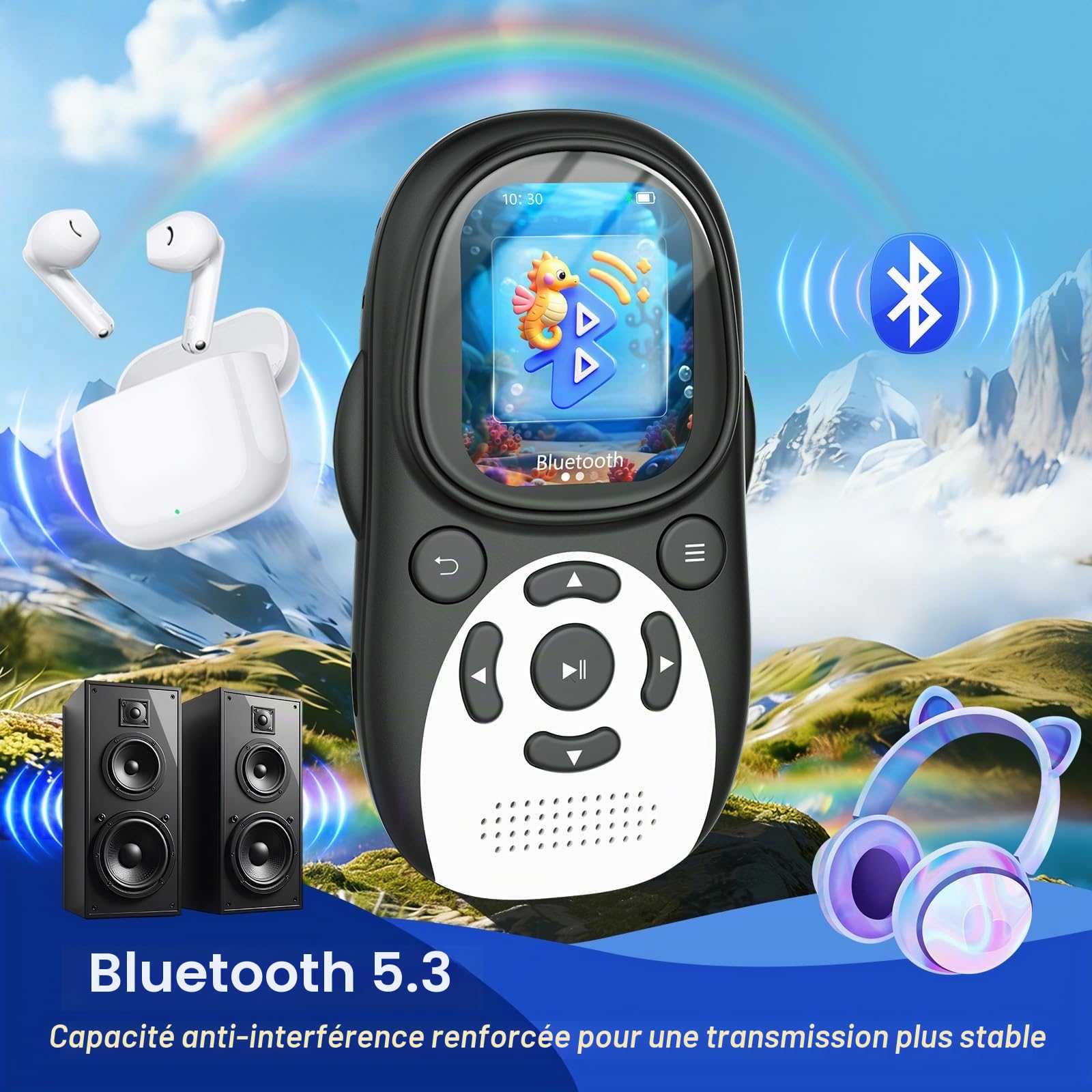 Lecteur MP3 Enfant Bluetooth 5.3 64Go Écran IPS 2 Pouces Radio FM 750mAh