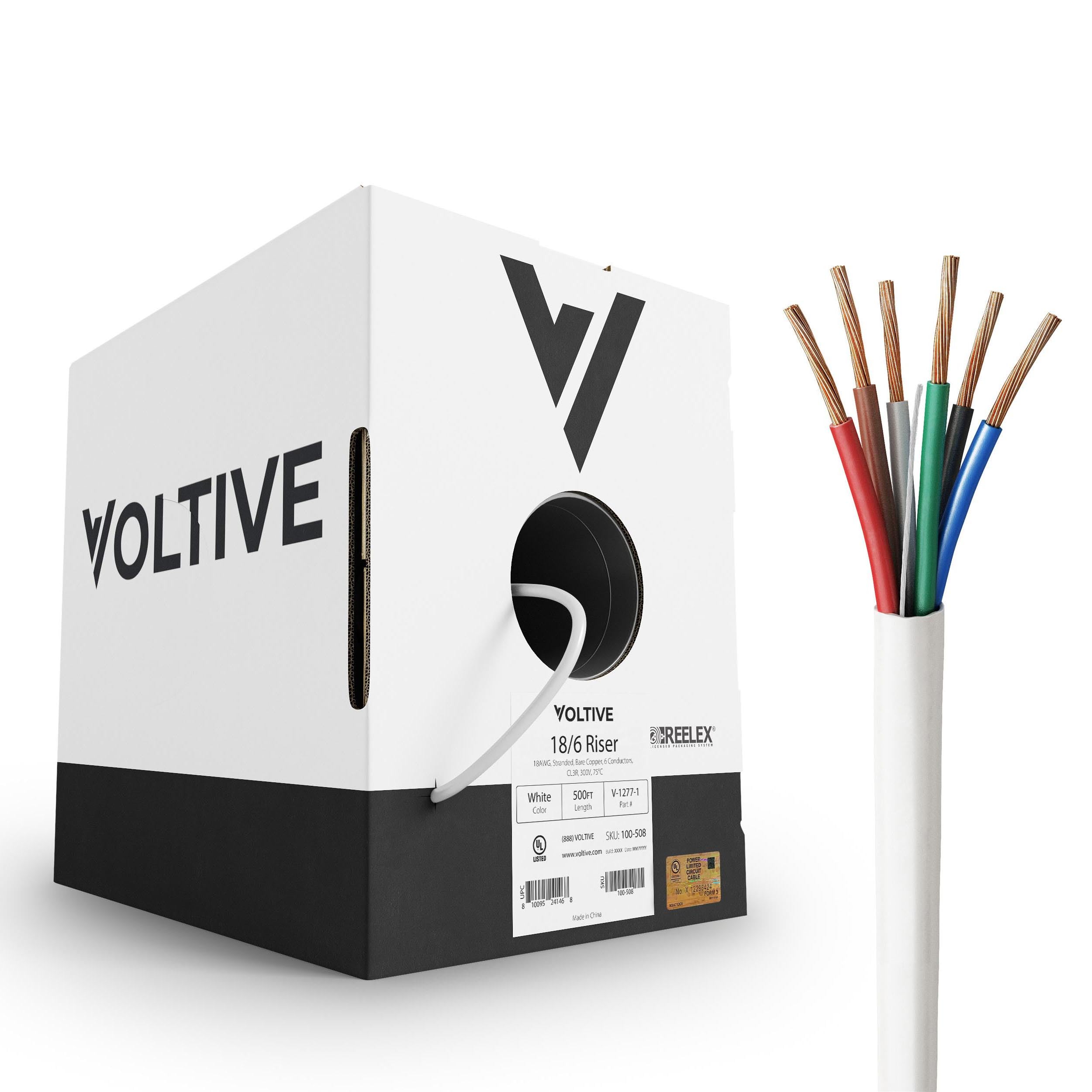 Voltive 18/6 Low Voltage Wire, 500ft, White - Stranded Bare Copper - UL Listed CL3R Rated - Alarm/Security, LED Lighting, Audio/Speakers