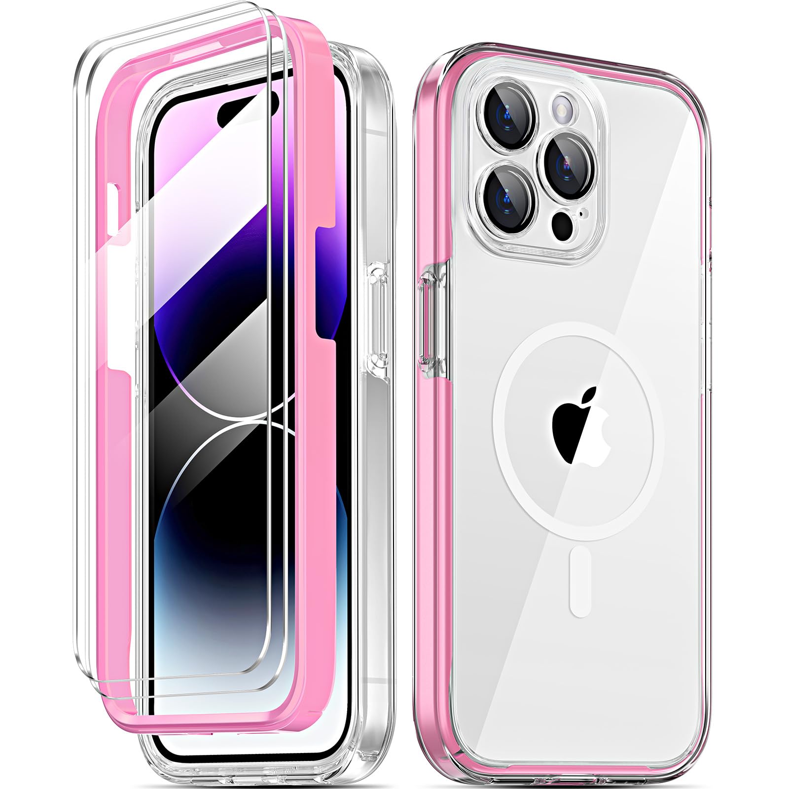 COOLQO Magnetic for iPhone 15 Pro Case, [6 in 1], 2X[Screen Protector + Camera Lens Protectors][15FT Military Grade Protection] Shockproof Protective Phone Cover, Pink