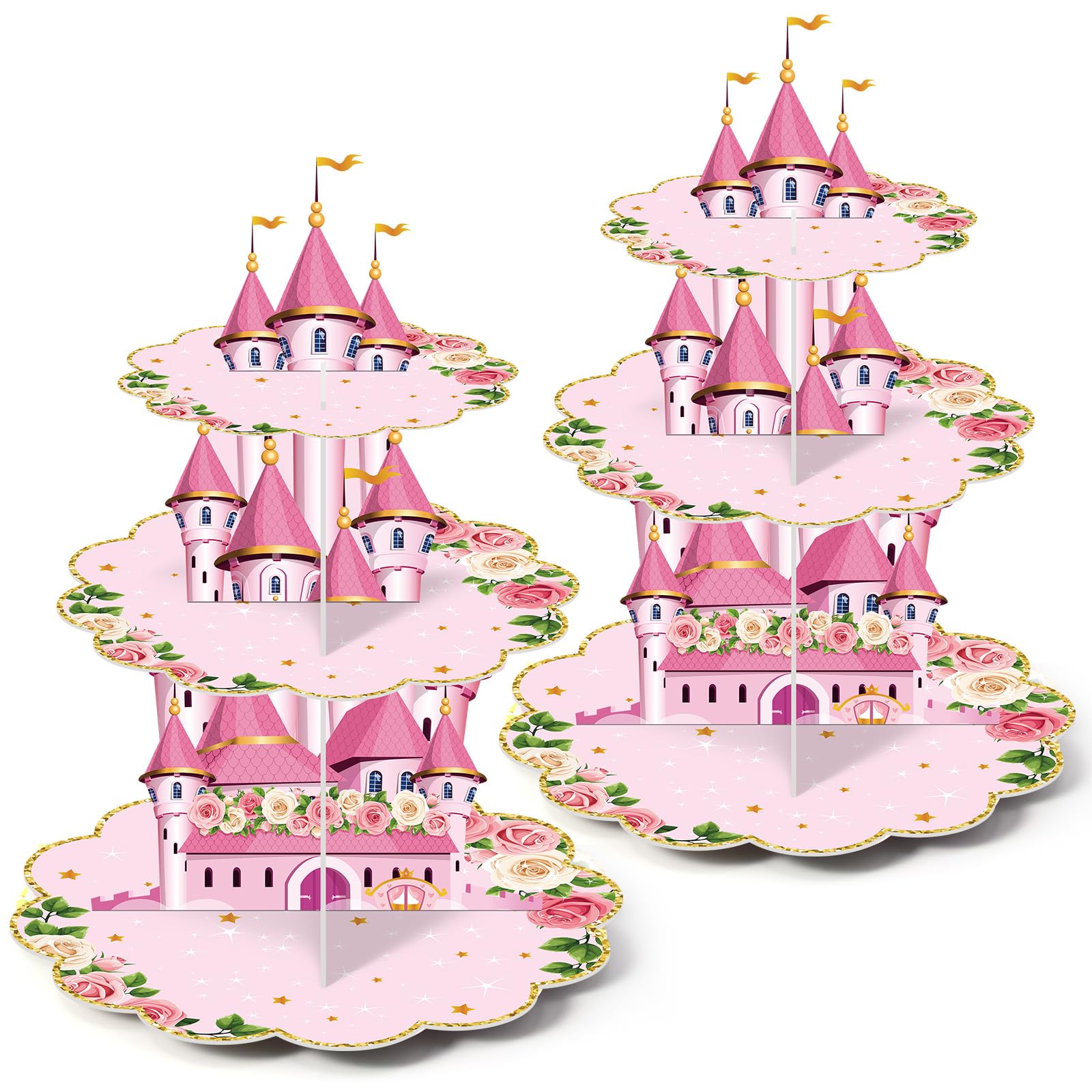 Zopeal 2 Pack Princess Birthday Cupcake Stands Party Decorations 3 Tier Princess Theme Cupcake Holder Castle Flowers Cake Stand Dessert Tower for Kids