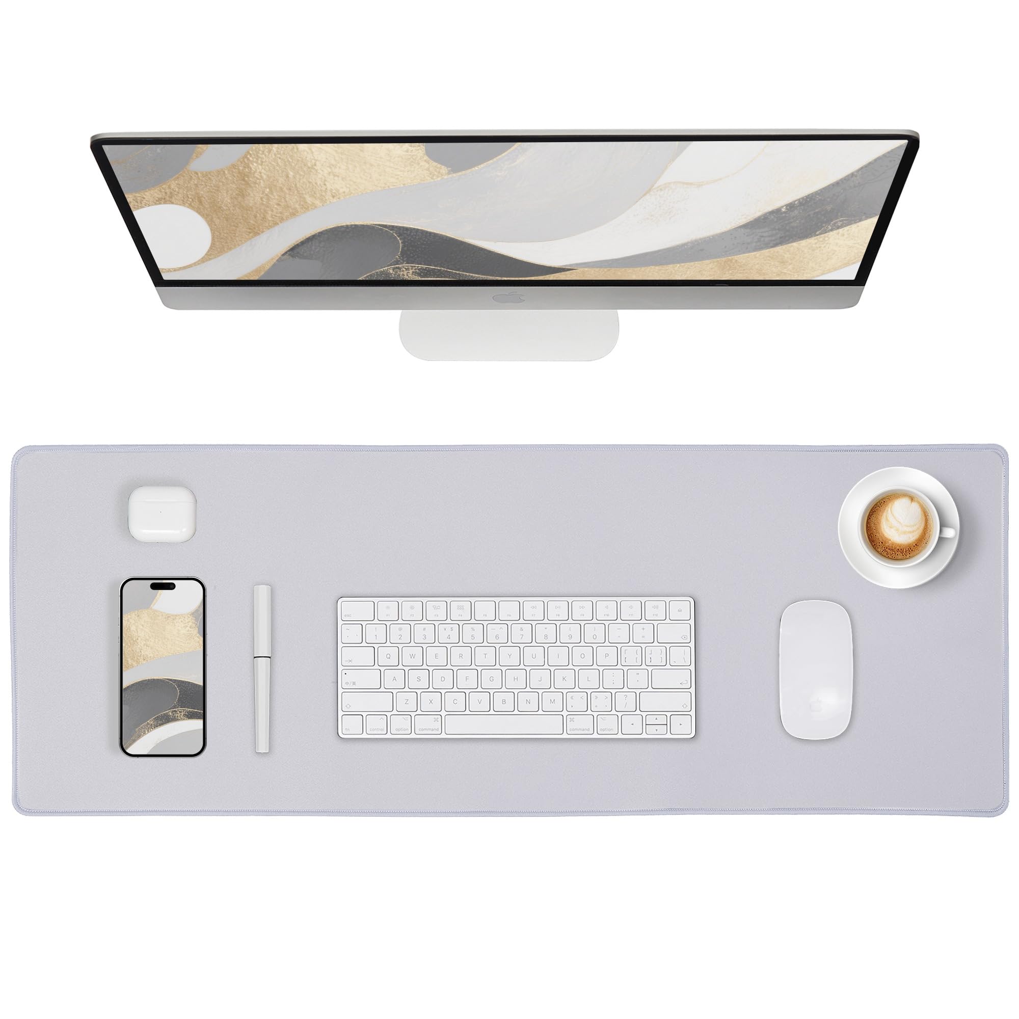 ALOANES Silvery Waterproof Desk Mat, Large Mouse Pad with Extended Mouse Mat, with Anti Slip Base, Stitched Edge, Grain Jacquard Surface, Perfect for Gamer, Office & Home, 11.81''x31.50''x0.12''