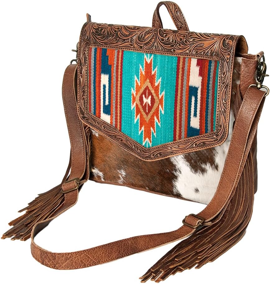 American Darling Messenger Bag for Women, Hand Tooled Floral Leather, Hair-On Cowhide, Saddle Blanket, Genuine Western Leather