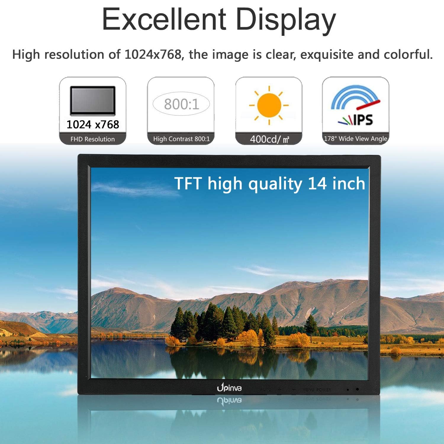 Monitor da 14 pollici Schermo della telecamera di sicurezza Schermo multifunzione HDMI AV BNC Ingresso VGA Interfaccia USB Monitor per computer Risoluzione 1024x768 Altoparlanti integrati