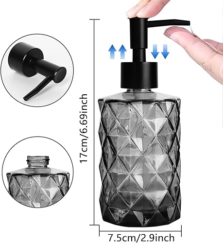 Miniatura 9 de Dispensadores de jabón de vidrio transparente de 11 onzas, juego de 2, botella dispensadora de jabón de loción negra con bomba de plástico a prueba