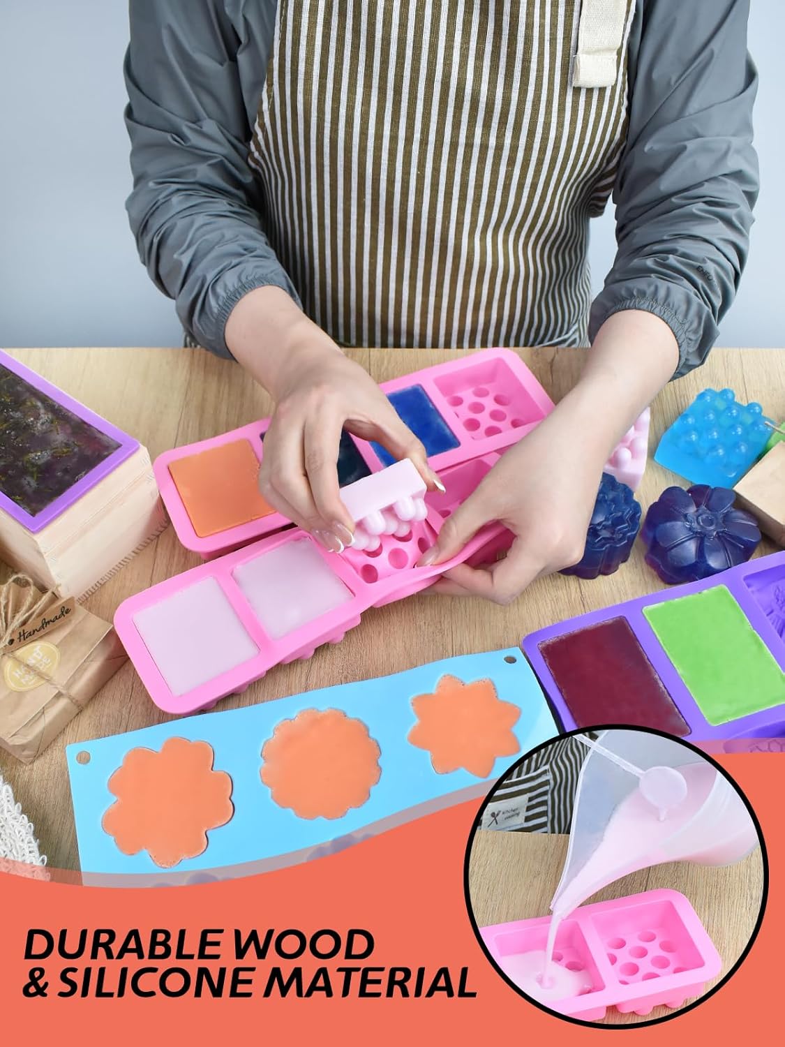 Artcome DIY Soap Making Kit with Rectangular Loaf Mold, Adjustable Wooden Cutter, Funnel Pitchers, Measuring Cups, Silicone Molds & 100 Paper Bags for Adults & Kids Craft - Ideal Gift for Occasions