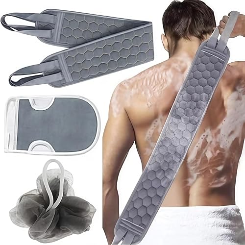 3PCS Exfoliating Back Scrubber Set for Shower, Includes Double-Sided Back Washcloth with Handles, Exfoliating Mitt and Bath Ball, Deep Body Cleansing for Men and Women Skin Care (Grey)