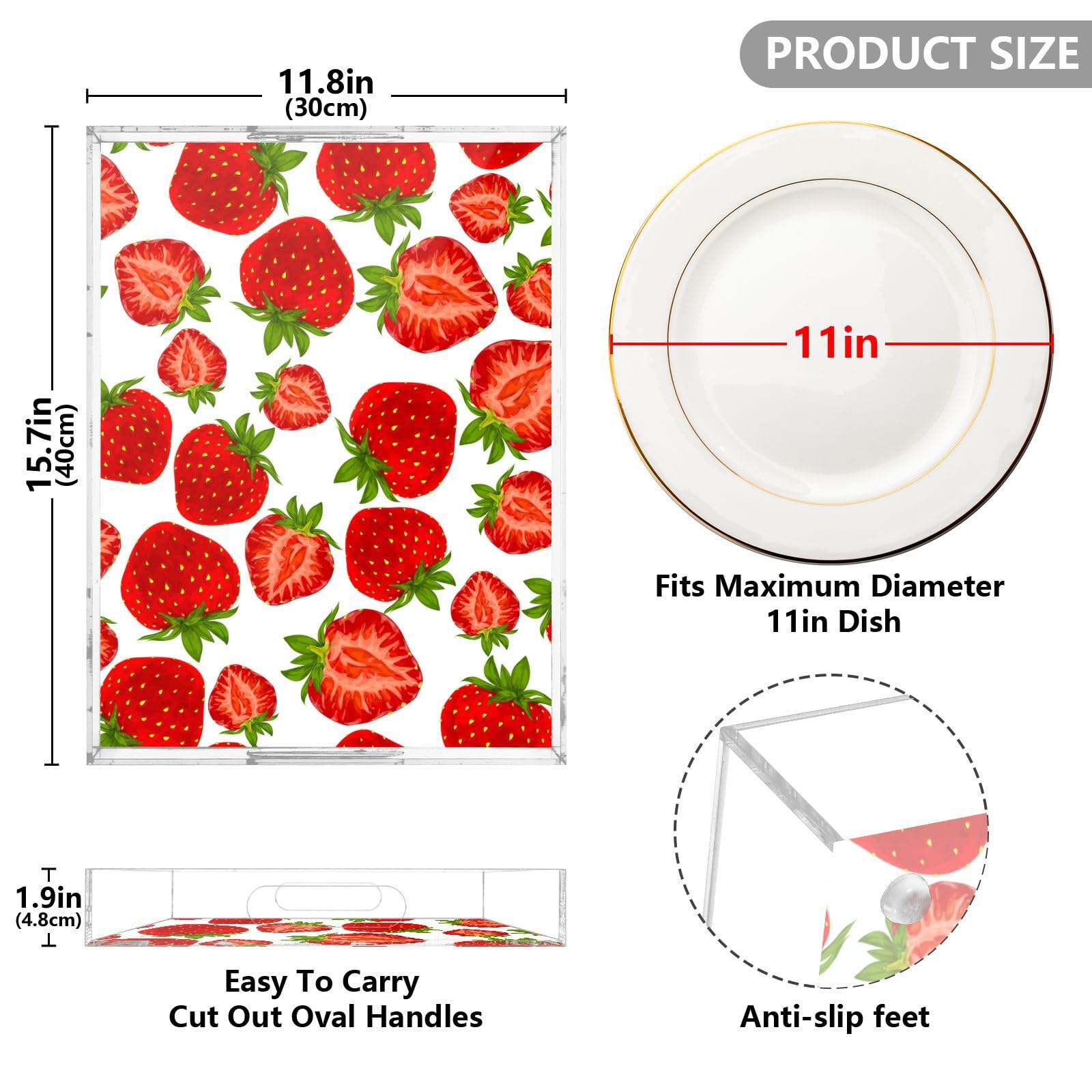 Bandeja transparente de acrílico para servir con asas, bandeja de desayuno de 12 x 16 pulgadas, bandeja de desayuno de acrílico orgánico para jardín, personalizado rojo fresa, bandejas transparentes