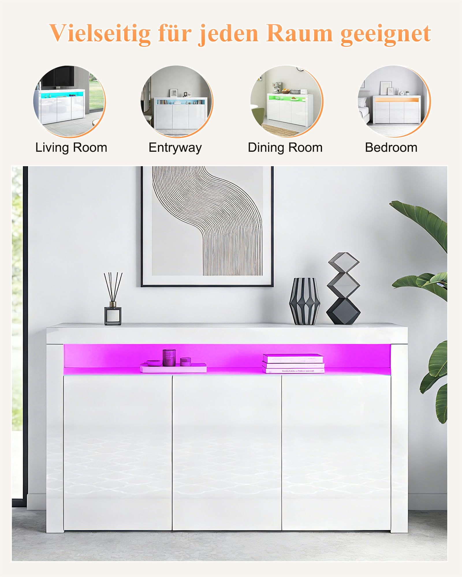 Sideboard Hochglanz 3 Türen Sideboard Schrank Aufbewahrungsschrank mit LED-Leuchten Moderne Wohnzimmer Schlafzimmer Möbel (Weiß)