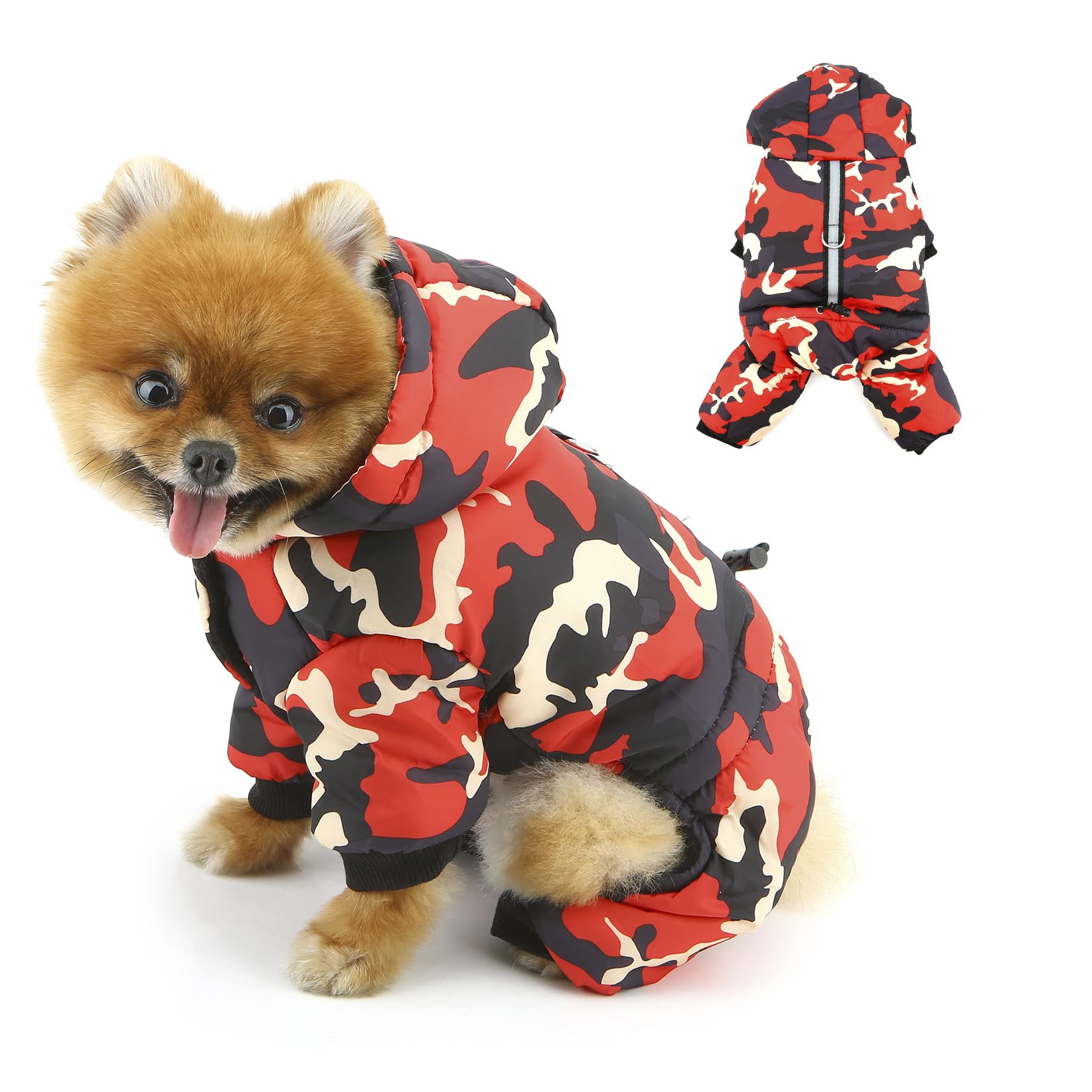 PAIDEFUL Camouflage Dog Snowsuit with Hood, Fleece Lined 4-Leg Padded Winter Jumpsuit, Waterproof Windproof Thermal Puppy Coat with Reflective Stripe and Lead Ring for Small Dogs Cats,Red,L