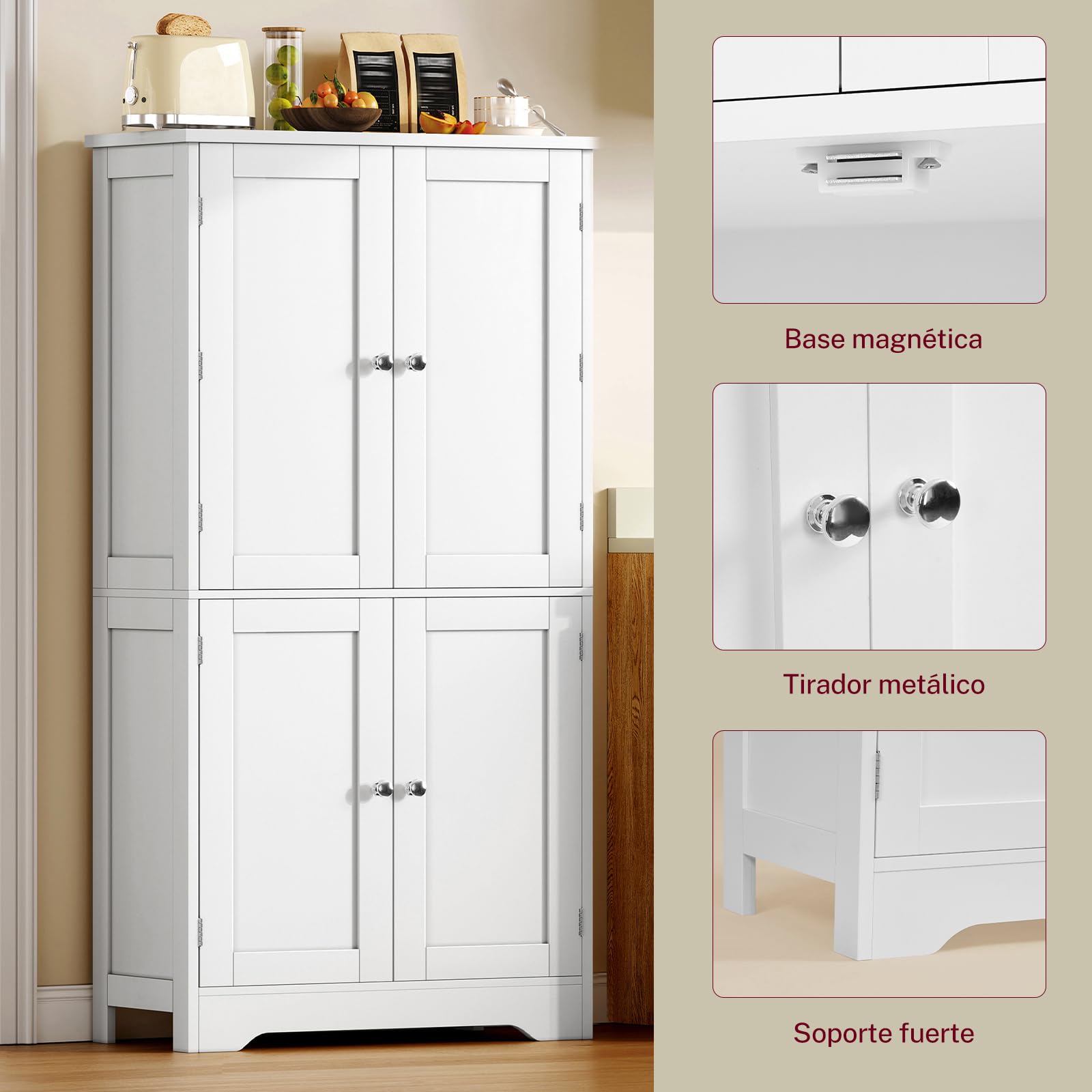 TEENFON Alacena de Cocina Alta y Despensa, Armario de 4 Puertas con 6 Estantes y 2 Compartimentos en la Puerta, Aparador y Mueble de Almacenaje Multiusos para Cocina, Salón, Comedor, 130 cm, Blanco