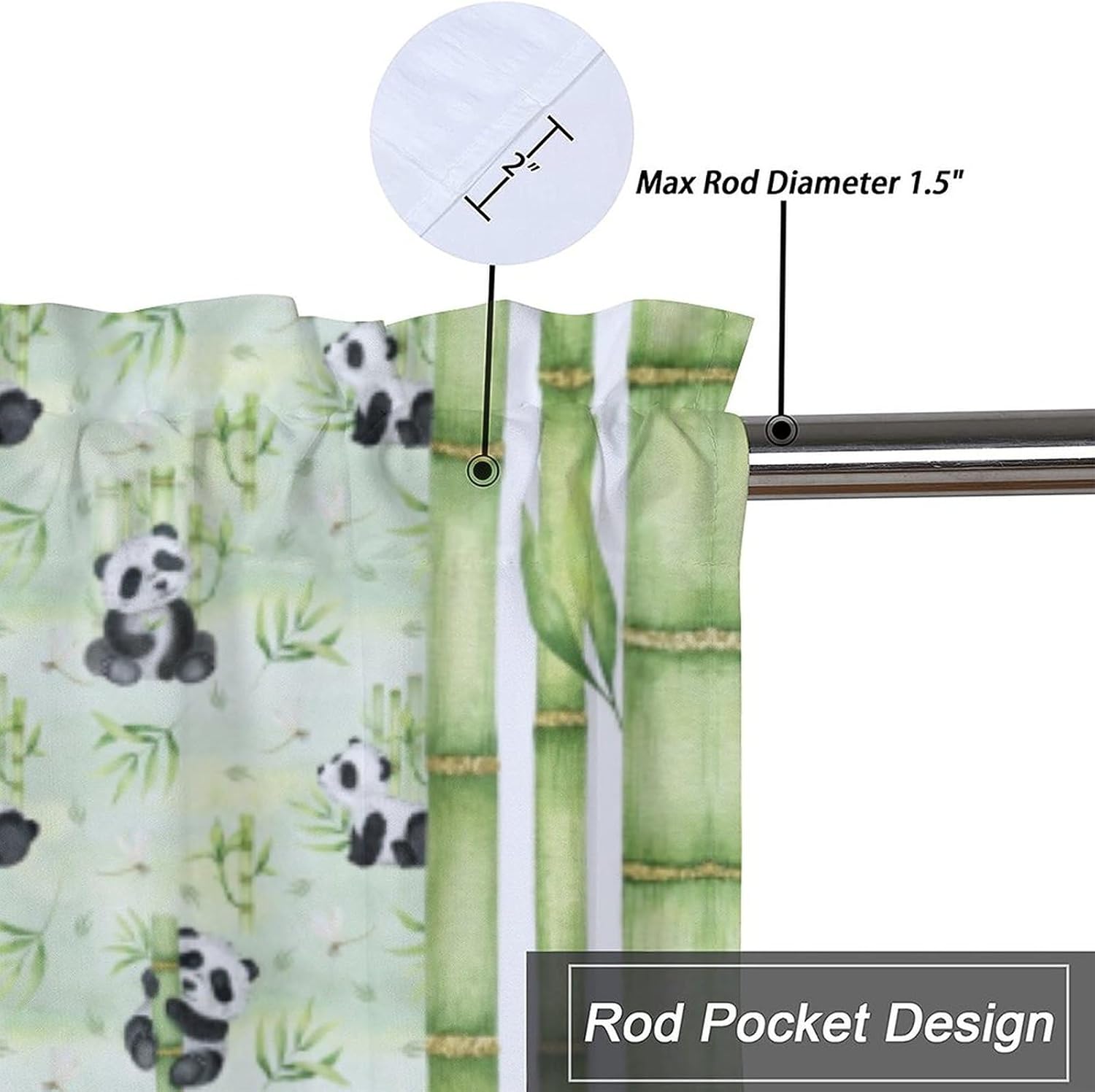Cartoon Watercolor Panda Kitchens Valances for Window,Cute Nursery Baby Panda Bamboo Forest Print Rod Pocket Curtain Valance for Bathroom Living Room Bedroom Curtains 54x18inch（2Pcs）