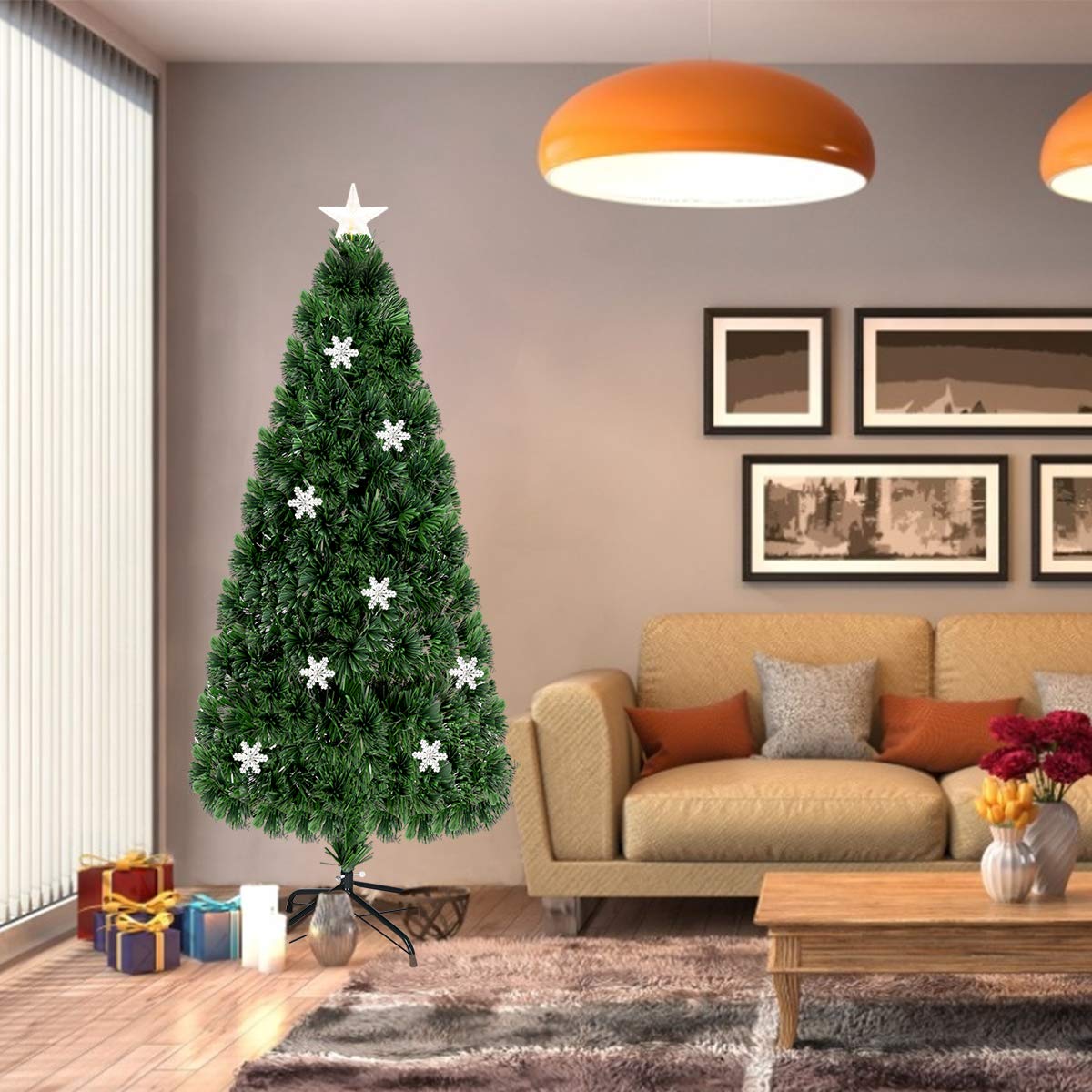 GOPLUS Árbol de Navidad Artificial de 180cm con Copos de Nieve | Árbol de Abeto con Fibra Óptica LED, Decoración Navideña y Soporte de Metal