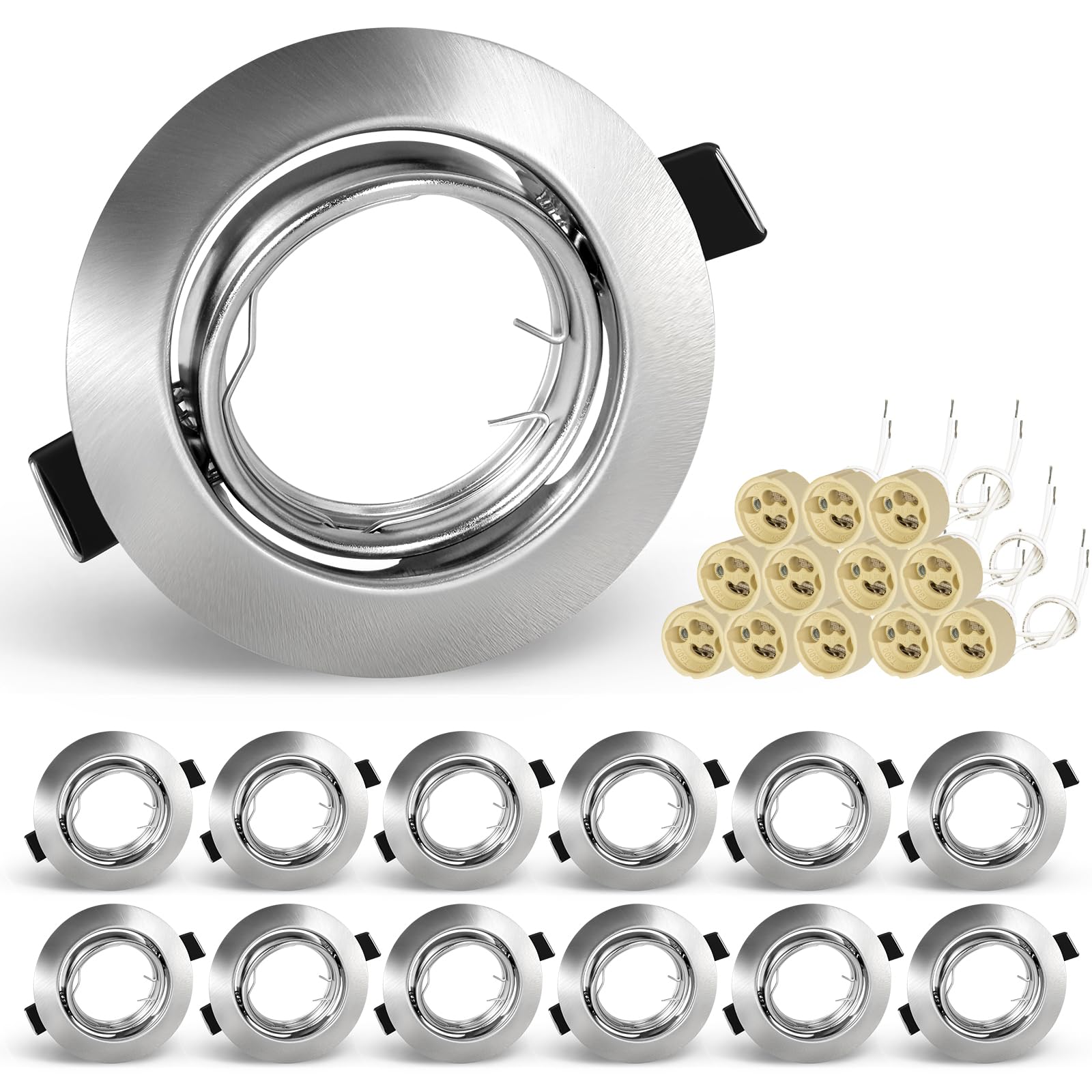 GU10 Einbaustrahler 12er Set – Schwenkbare LED Spots 230V, Edelstahl gebürstet Einbauspots, Runde Deckenspots inkl. Fassung für GU10 LED oder Halogen