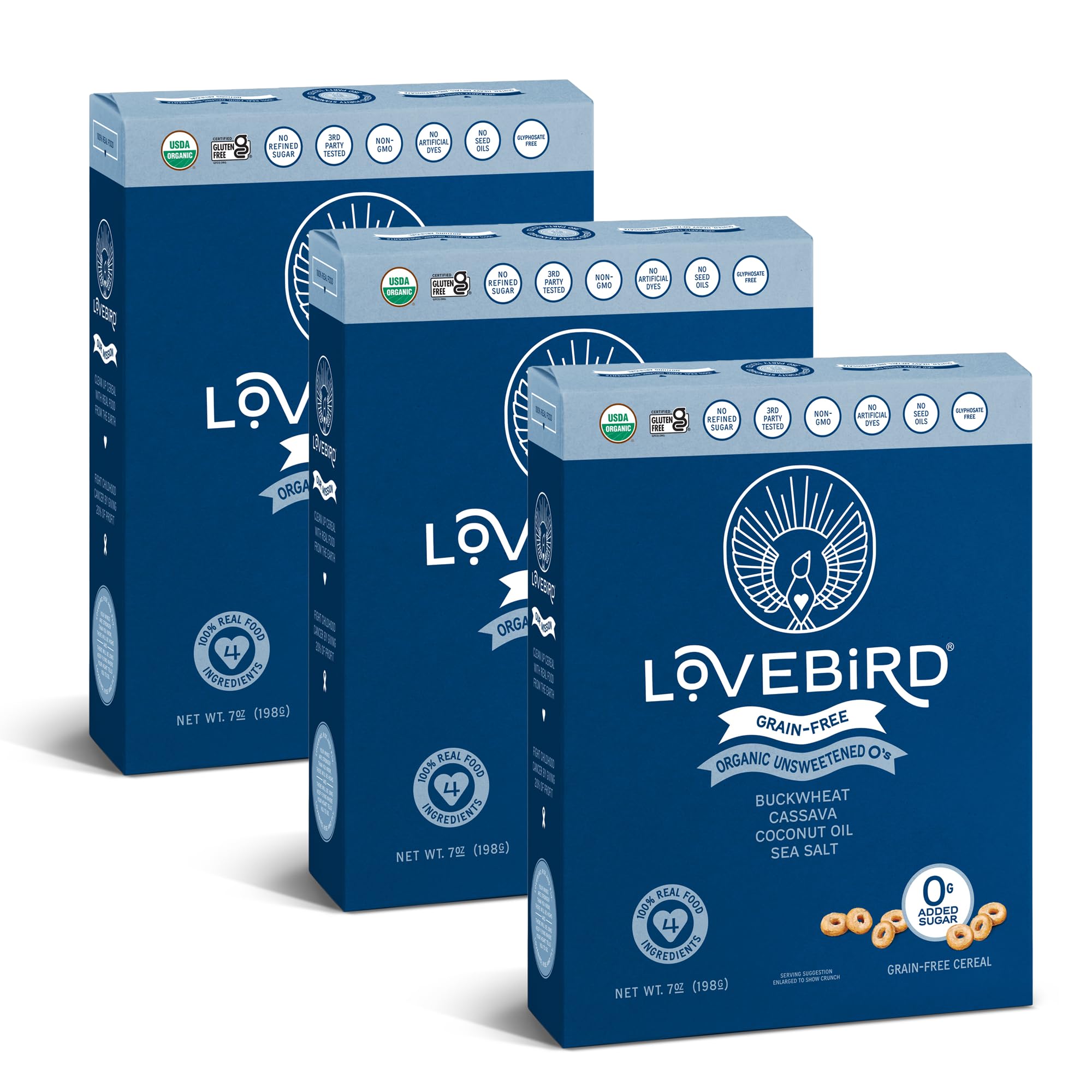 Lovebird Organic Gluten Free Cereal, Unsweetened Flavor – Prebiotic Fiber, Gut Health, Low Sugar, Grain Free, Breakfast or Snack – Healthy Cereal Made With Real Food, 3 Pack, Kids & Adults