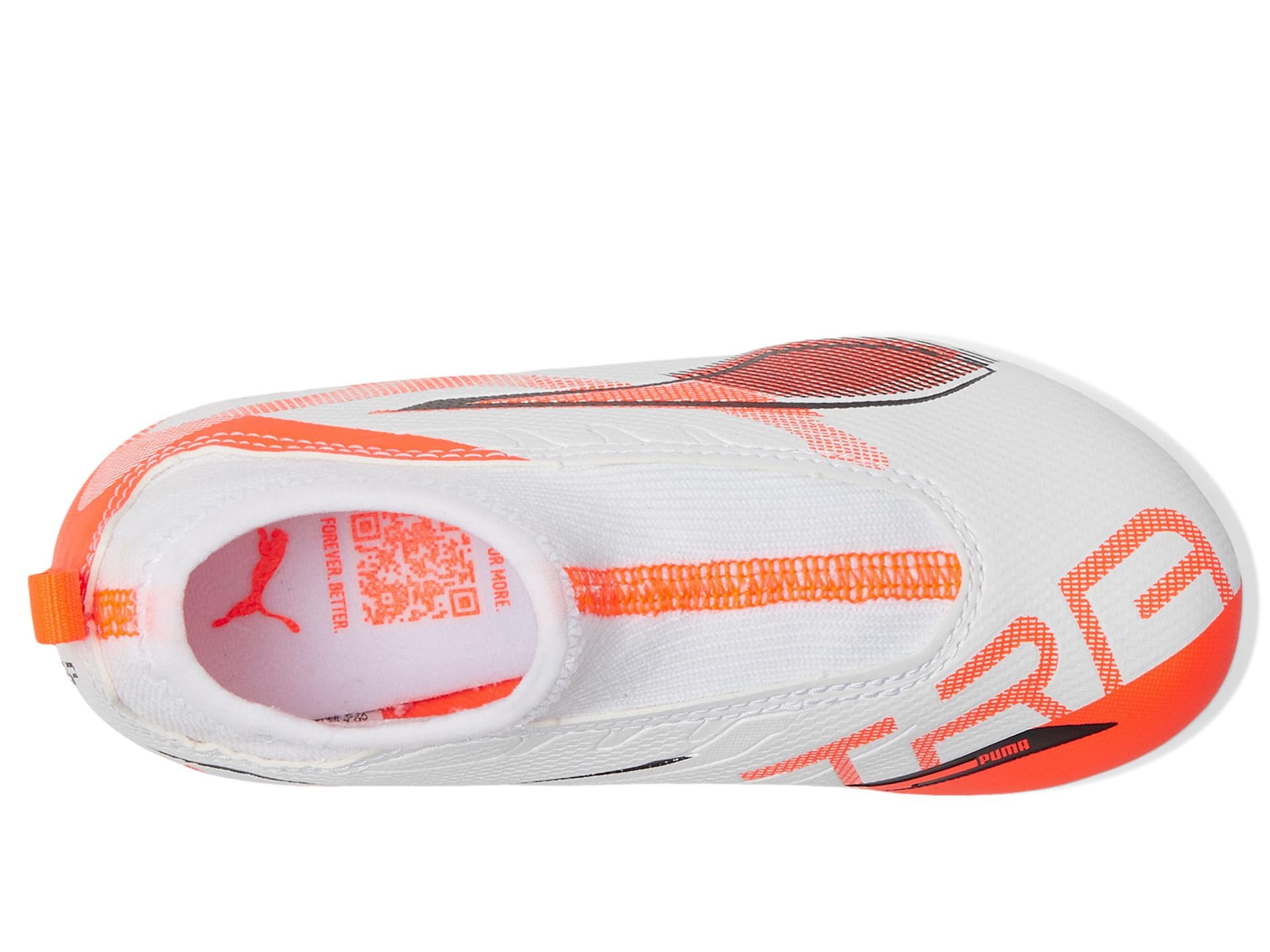 PUMA Ultra 5 Match+ Laceless Firm Artificial Ground (Little Big Kid) Sneaker, White Black/Glowing Red, 4 US Unisex